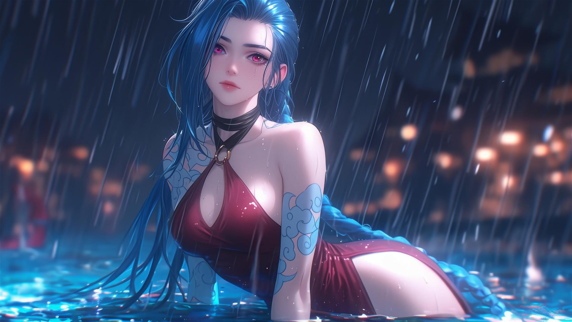 Jinx from League of Legends resting at a rainy swimming pool under moonlight