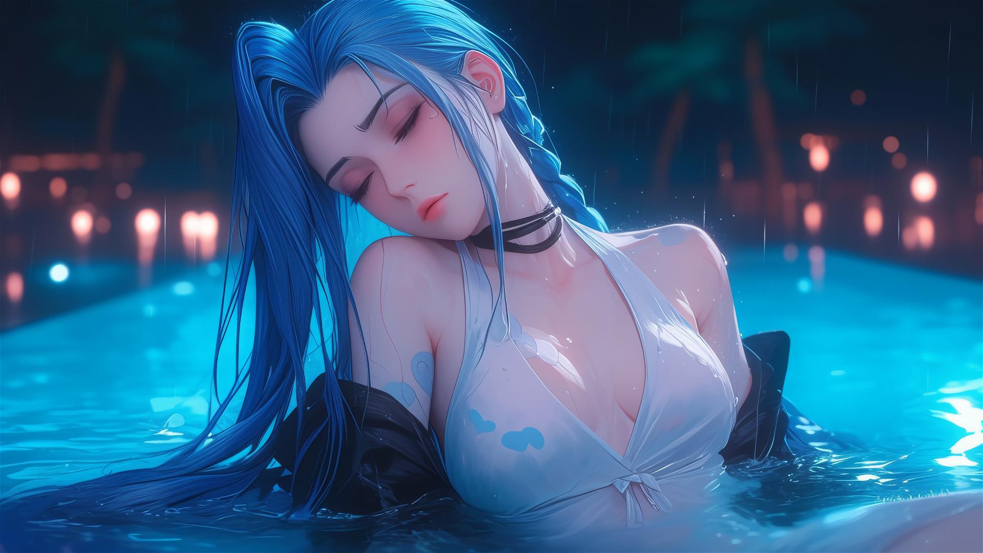 Jinx from League of Legends resting by a rainy pool under moonlight
