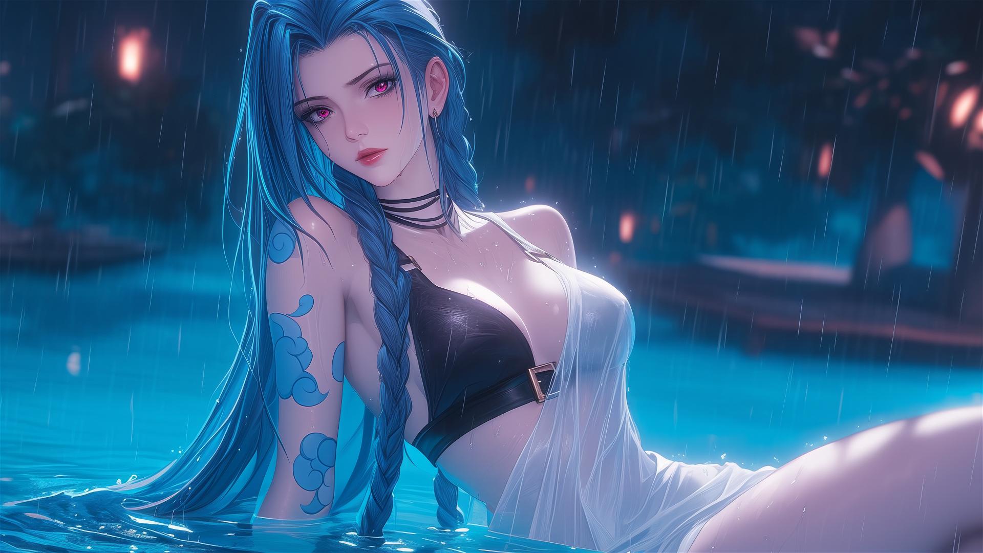 Jinx from League of Legends resting at a rainy swimming pool under moonlight