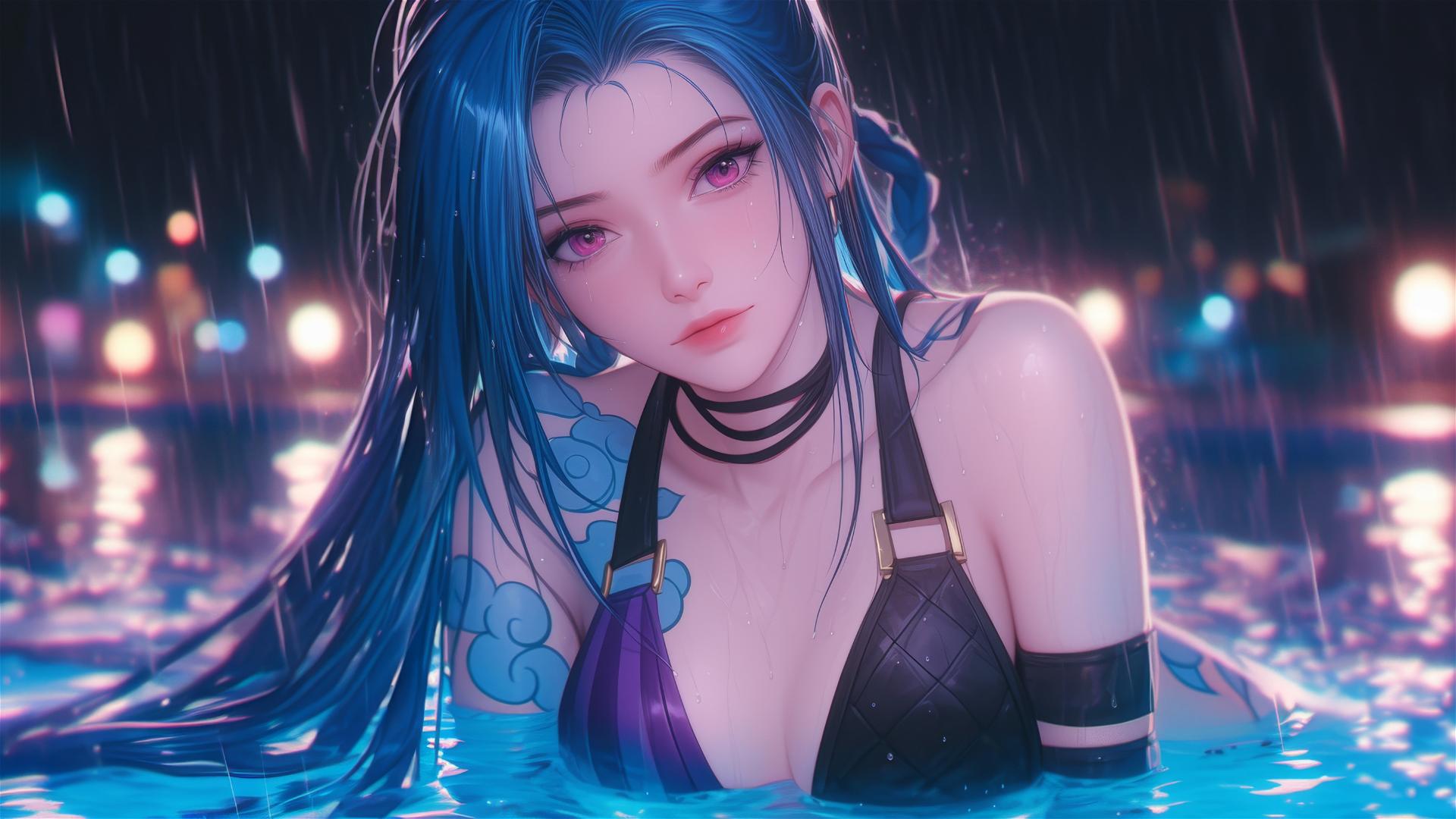 Jinx from League of Legends resting at a rainy swimming pool with moonlight