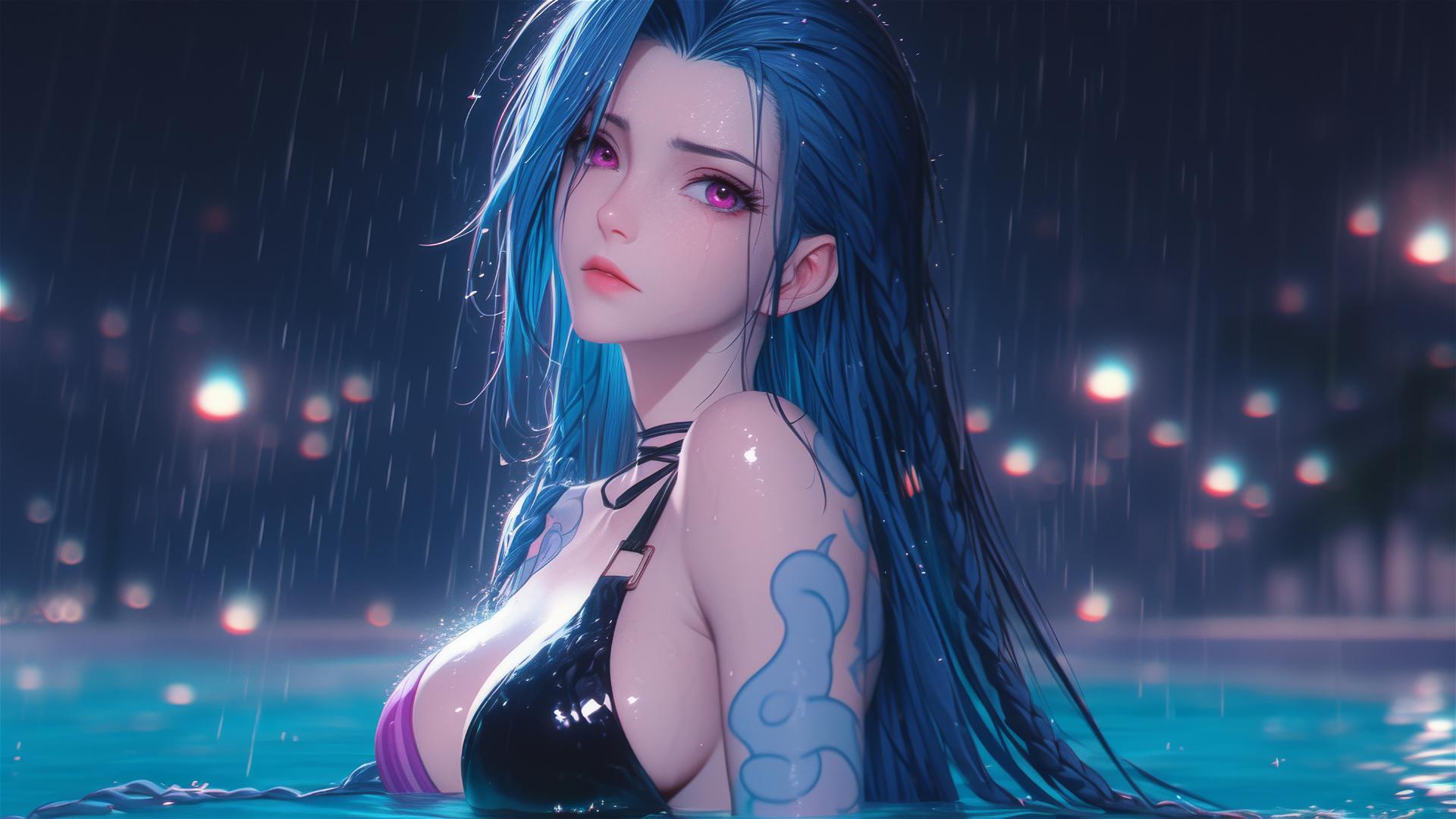 Jinx from League of Legends resting at a rainy swimming pool, illuminated by moonlight
