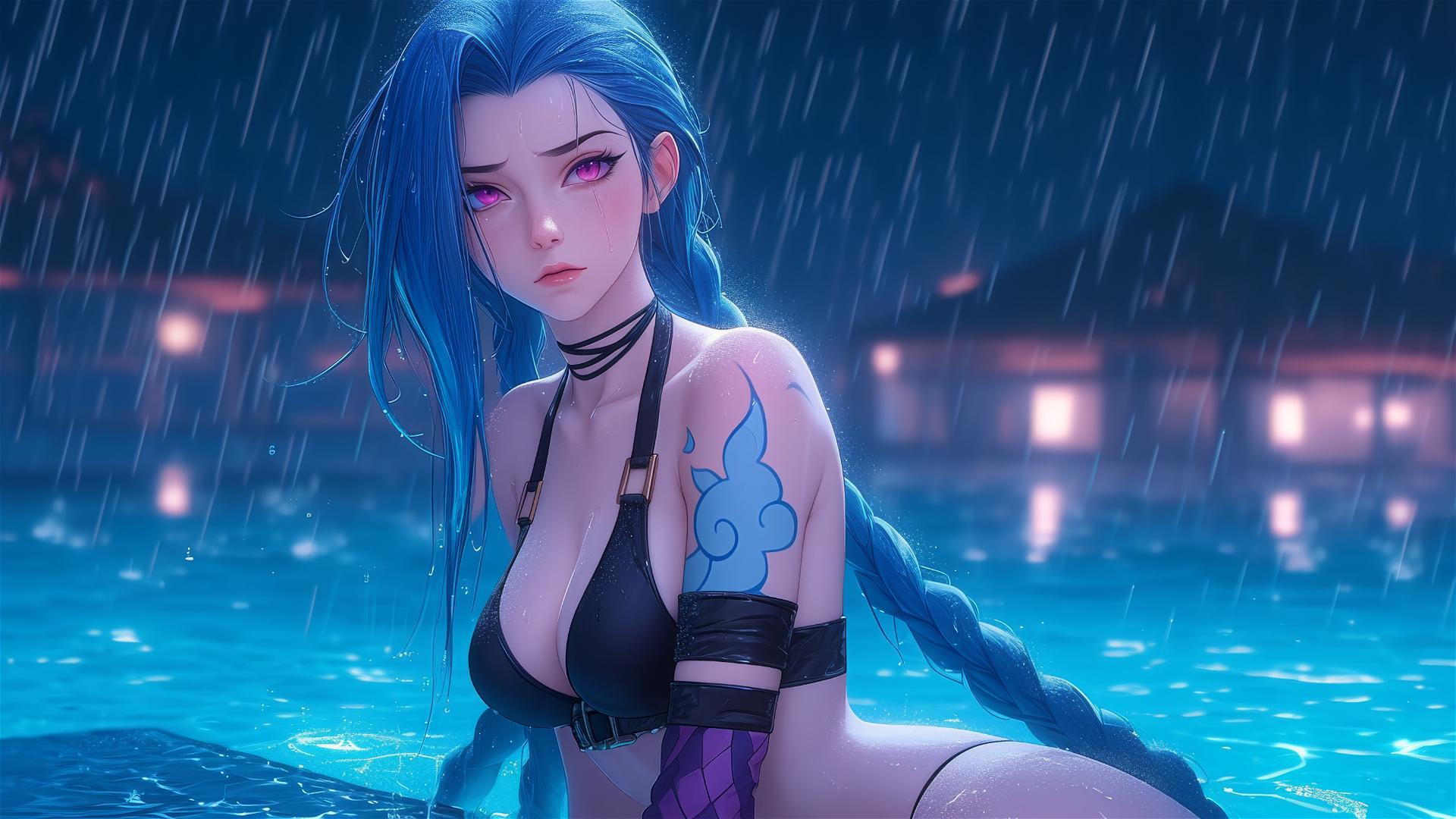 Jinx from League of Legends resting by a rainy pool, moonlight glow, pink eyes.