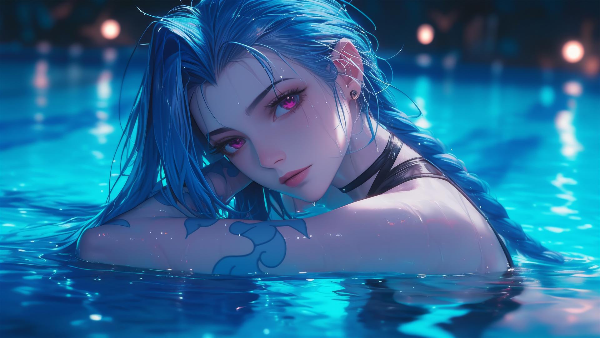 Jinx from League of Legends resting by a rainy pool, moonlight glow.