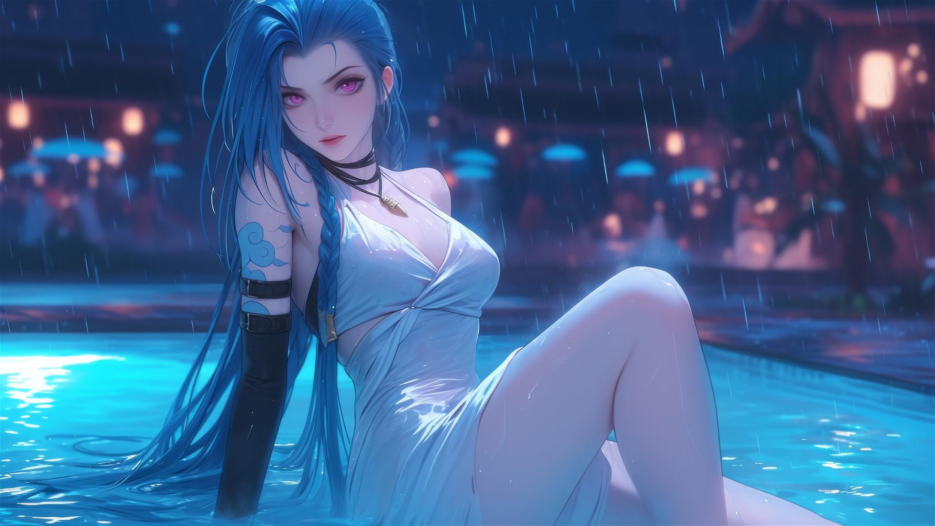 Jinx from League of Legends resting by a rainy pool, moonlight, white dress, pink eyes