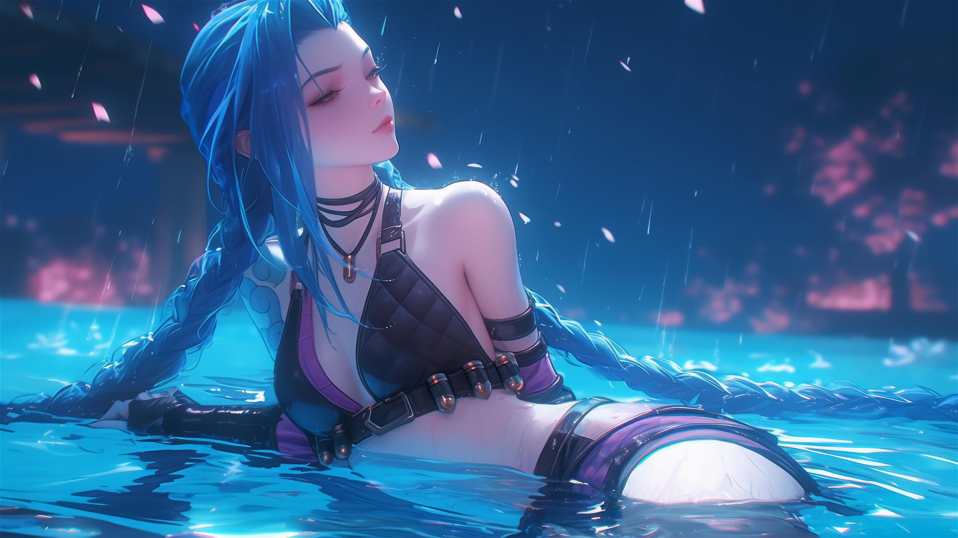Jinx from League of Legends resting at a rainy pool with moonlight glow