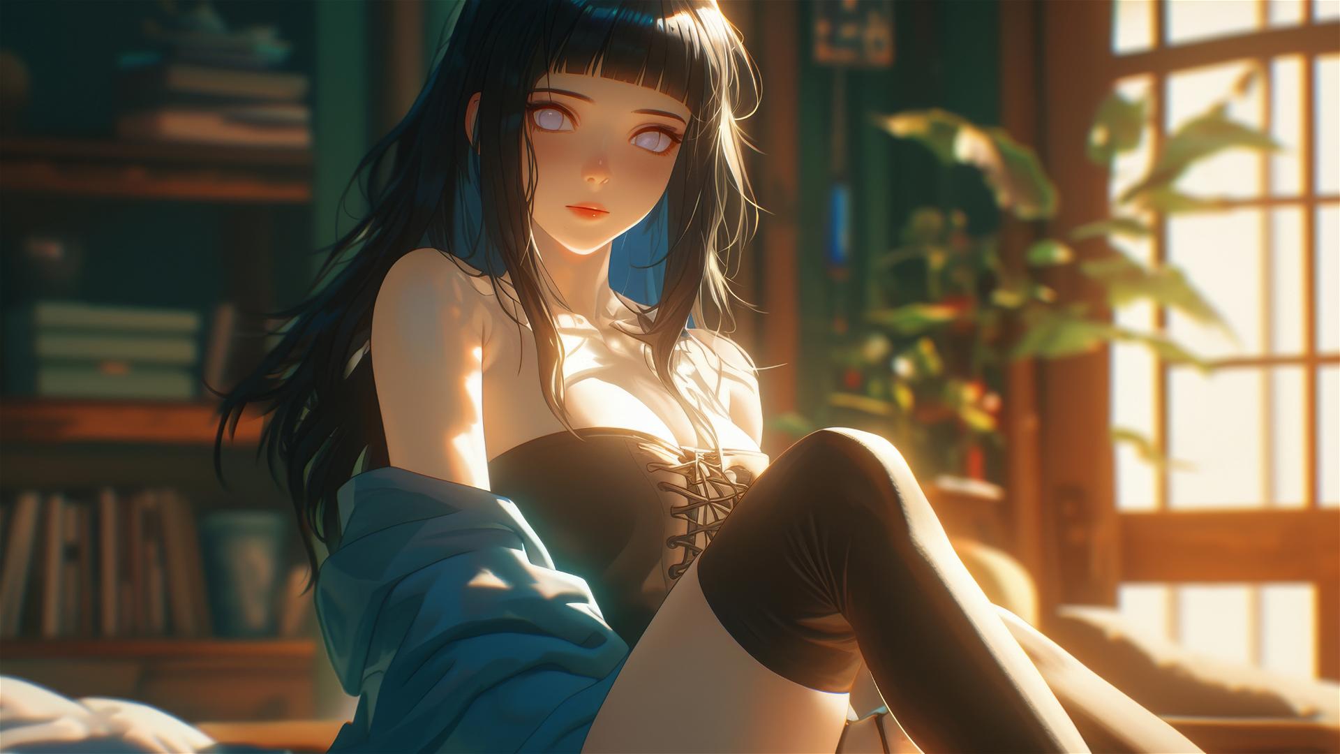 Hinata Hyuga from Naruto sitting in a modern hotel with warm light.