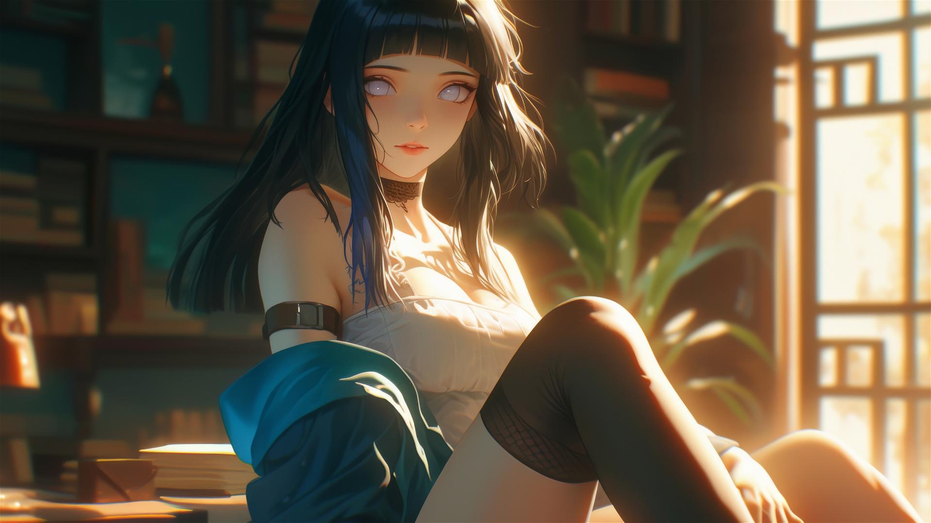 Hinata Hyuga from Naruto sits in a modern hotel with warm light and white eyes.