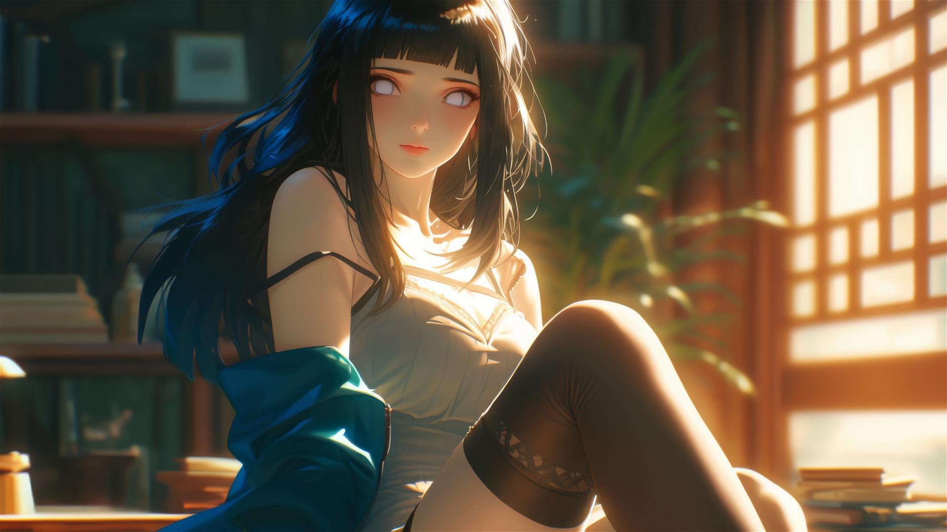 Hinata Hyuga from Naruto sitting in a modern hotel with soft warm light.