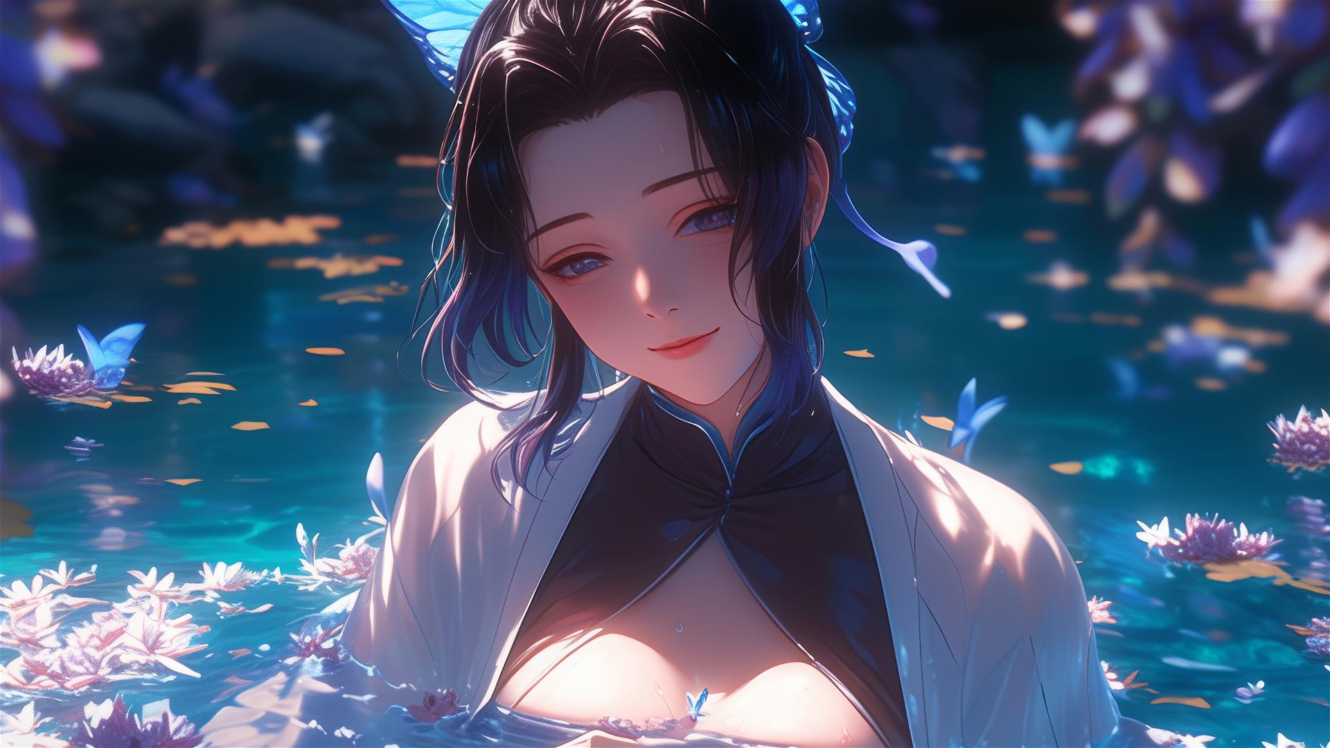 Shinobu Kocho from Demon Slayer in a flower-filled tub at a Chinese spa