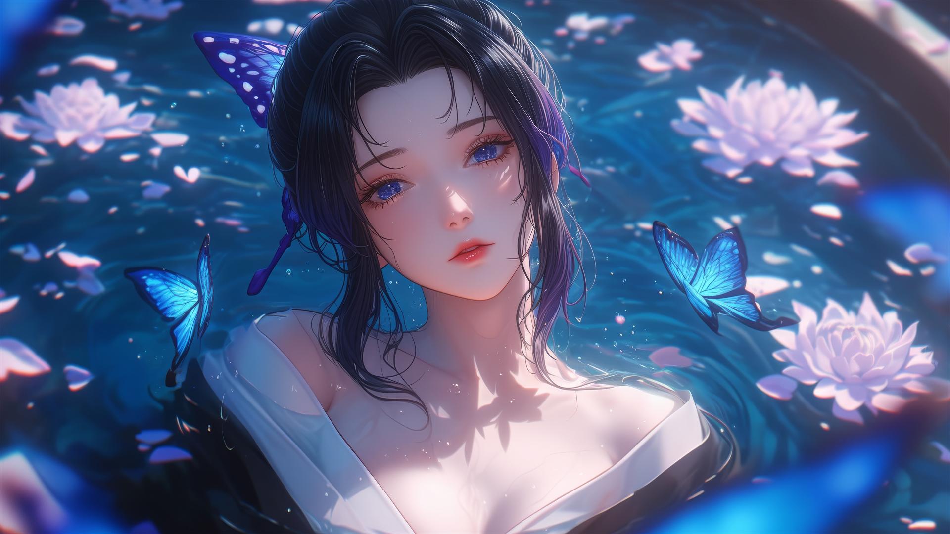 Shinobu Kocho in tub with flowers at a Chinese spa