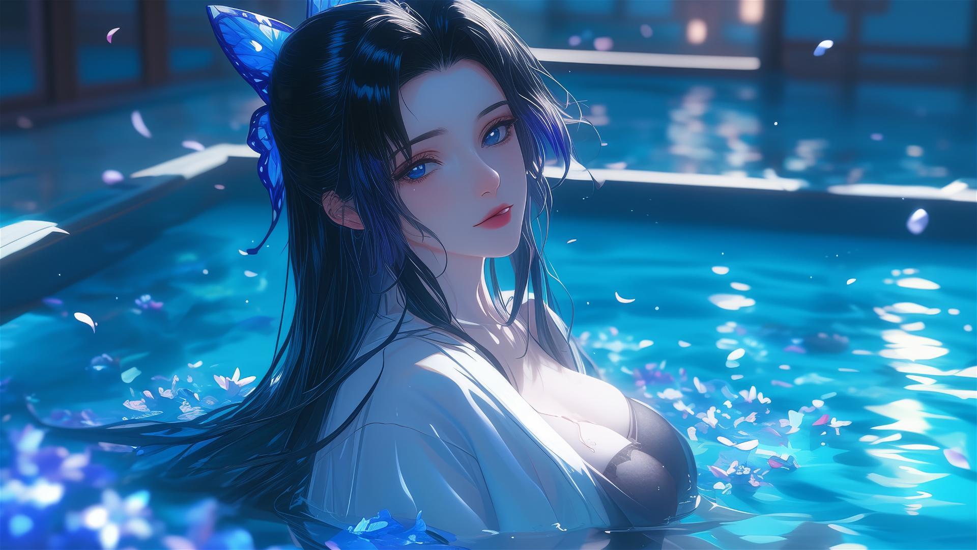 Shinobu Kocho from Demon Slayer in a flower-filled tub at a Chinese spa.