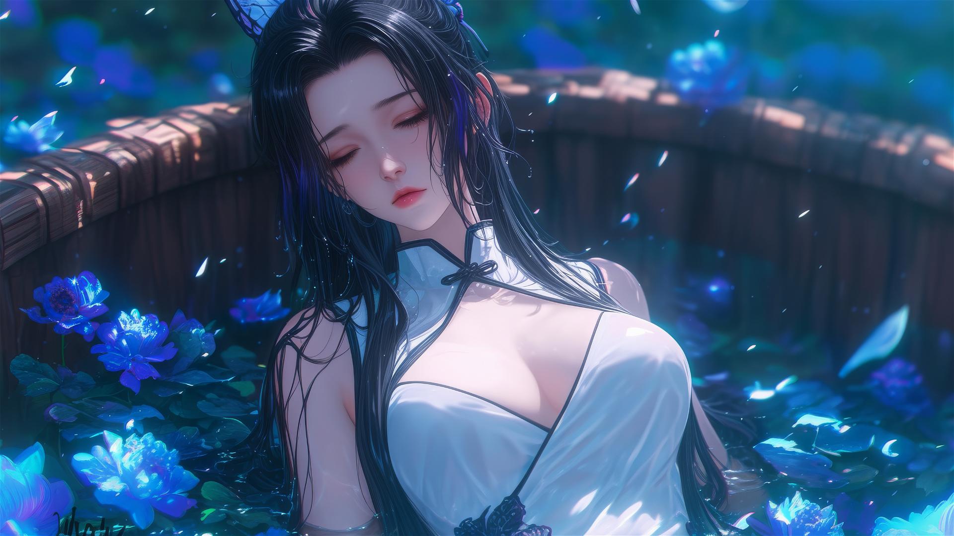 Shinobu Kocho from Demon Slayer in a flower-filled tub wearing a cheongsam