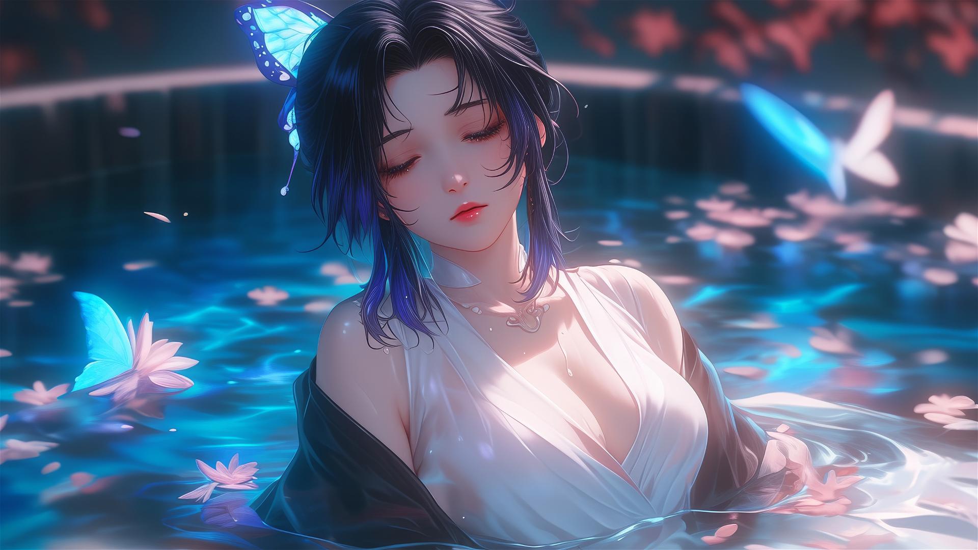 Shinobu Kocho in white dress in a flower-filled tub at Chinese spa.