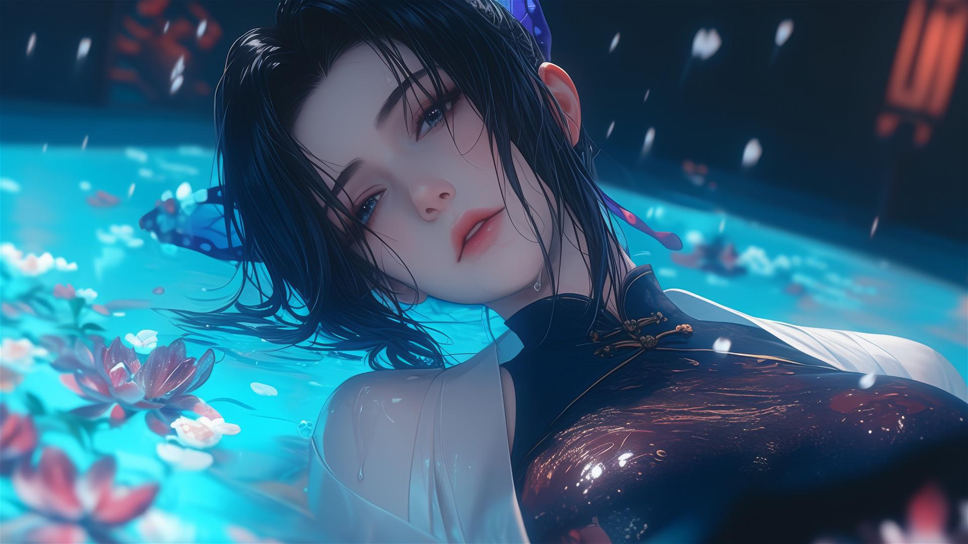 Shinobu Kocho in cheongsam in tub with flowers