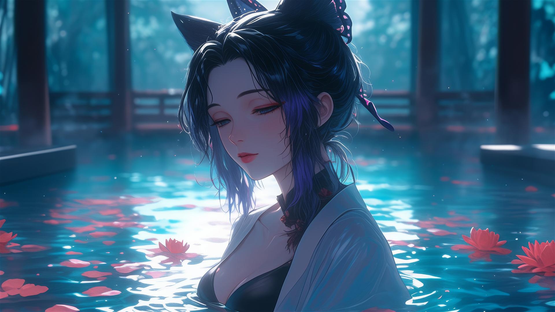 Shinobu Kocho from Demon Slayer in a flower-filled tub at a Chinese spa