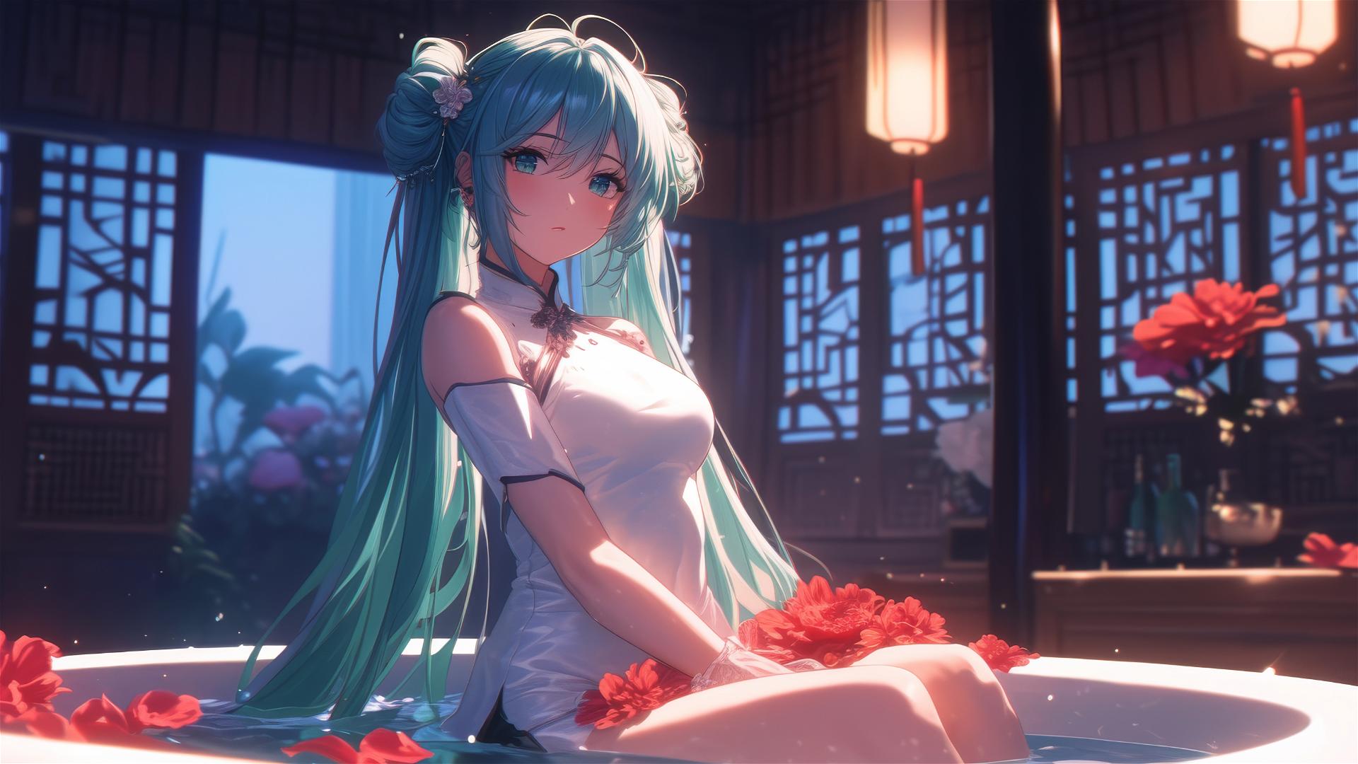 Hatsune Miku in a flower-filled tub at a Chinese spa.