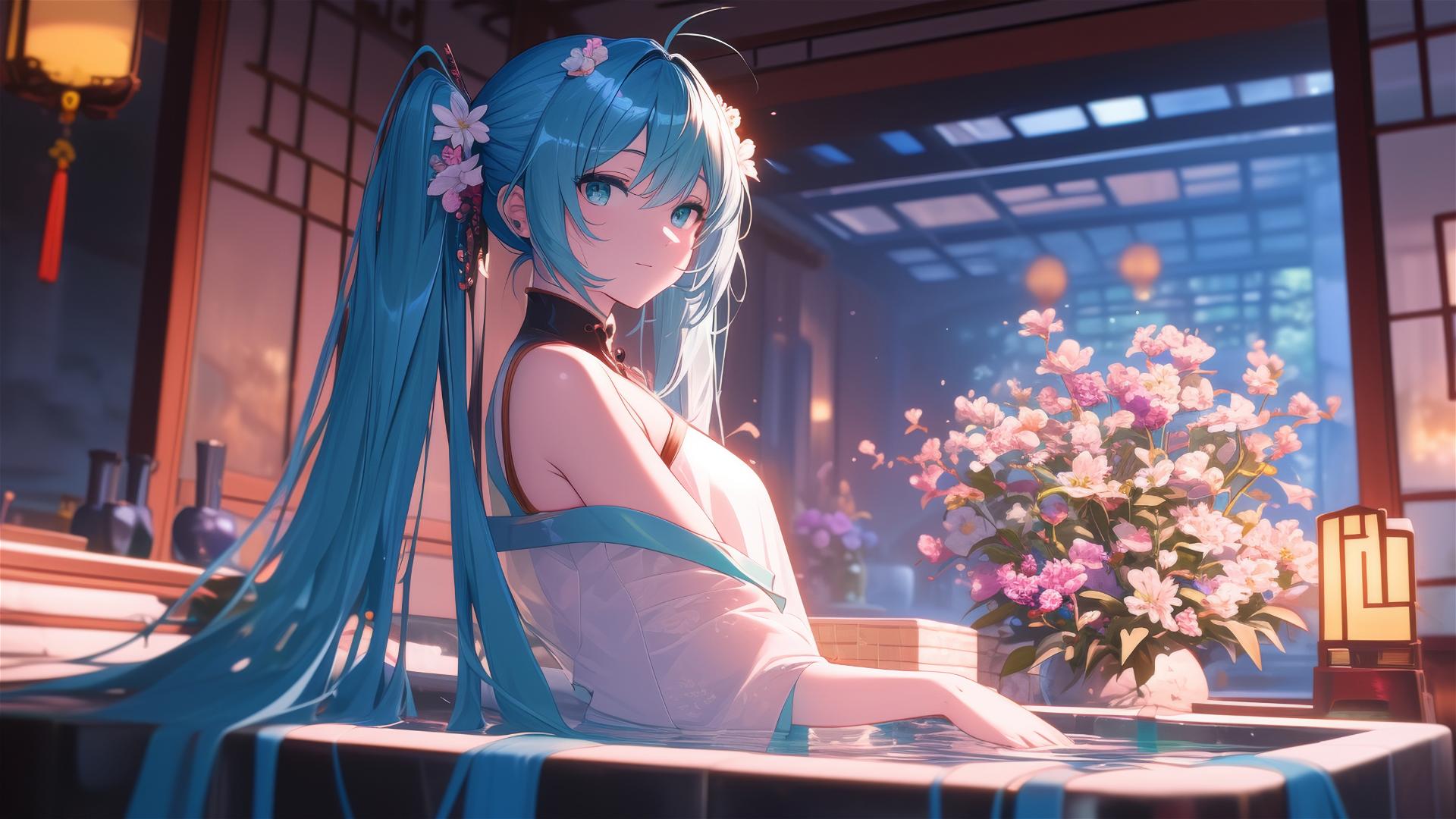 Hatsune Miku in a tub full of flowers at a Chinese spa