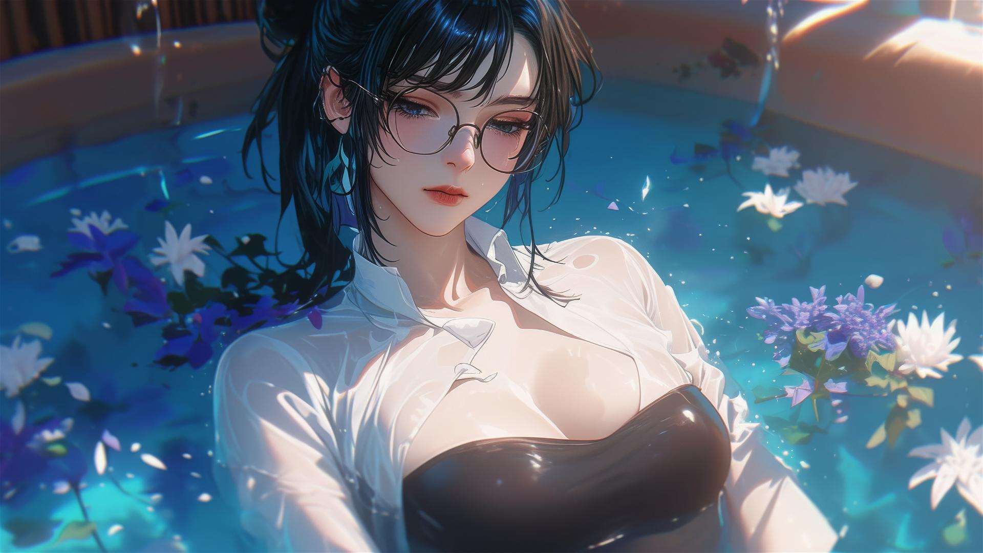 Maki Zenin in a tub full of flowers wearing a white shirt and eyeglasses