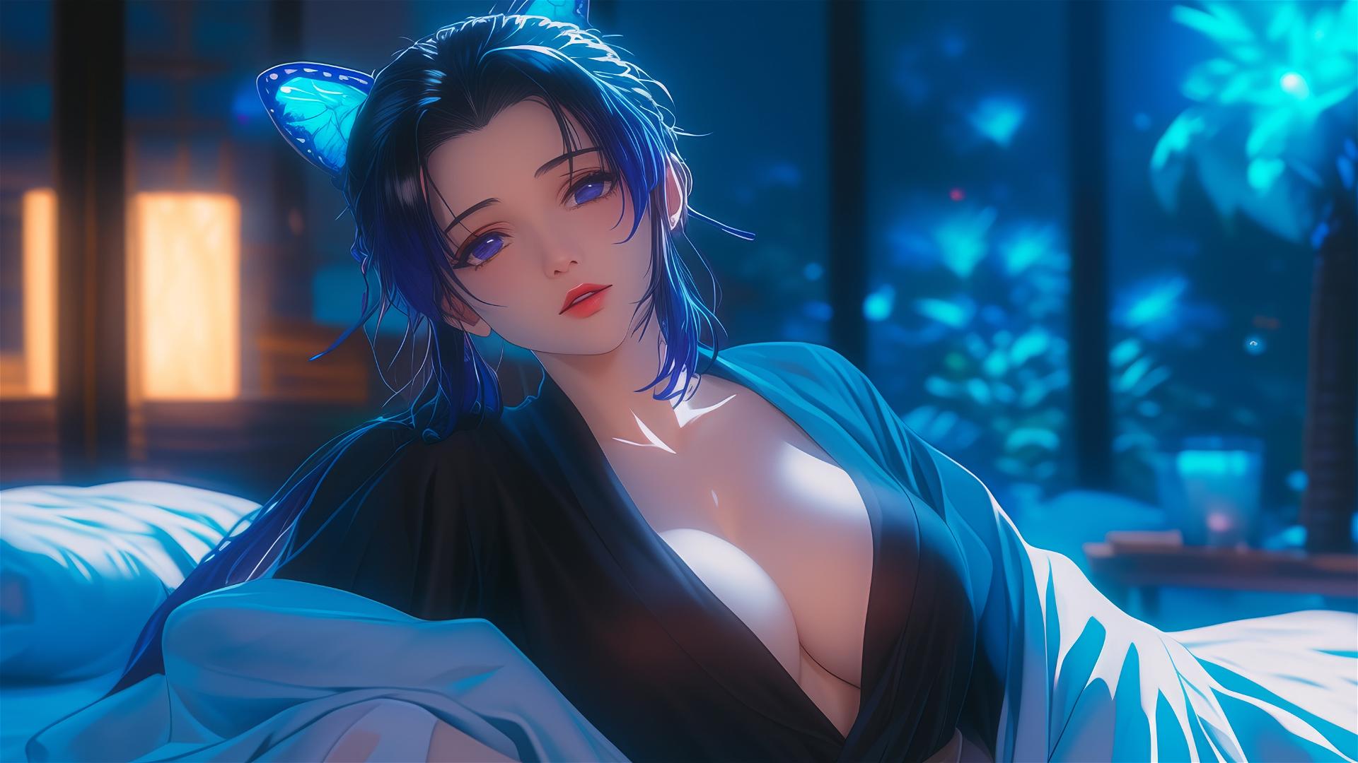 Shinobu Kocho from Demon Slayer resting in a modern hotel room under moonlight