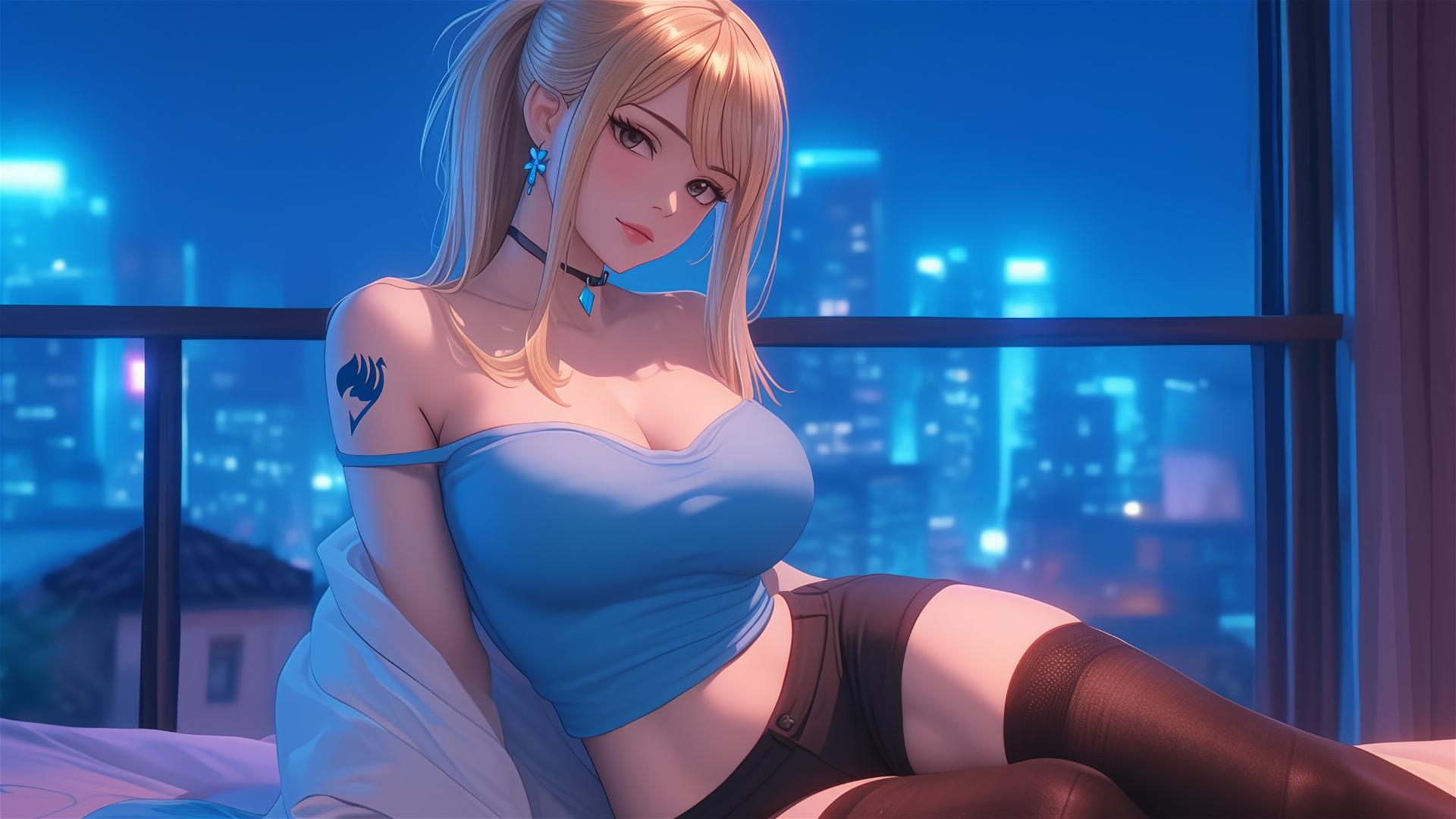 Lucy Heartfilia resting in a modern apartment under moonlight