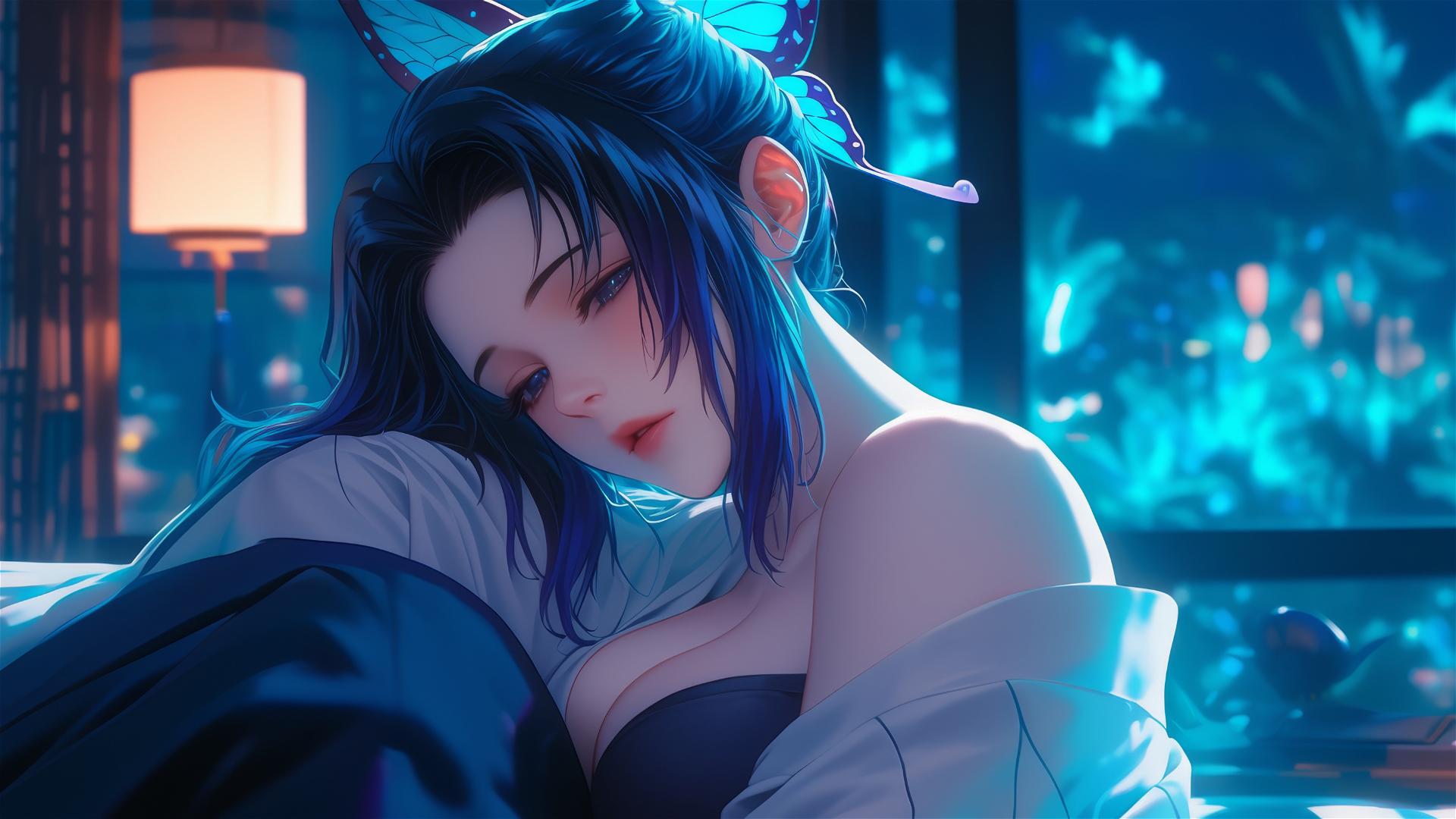 Shinobu Kocho resting in neon-themed hotel room with glowing lights and moonlight