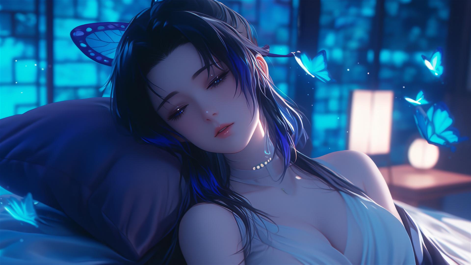 Shinobu Kocho from Demon Slayer resting in a modern hotel room with neon lights.