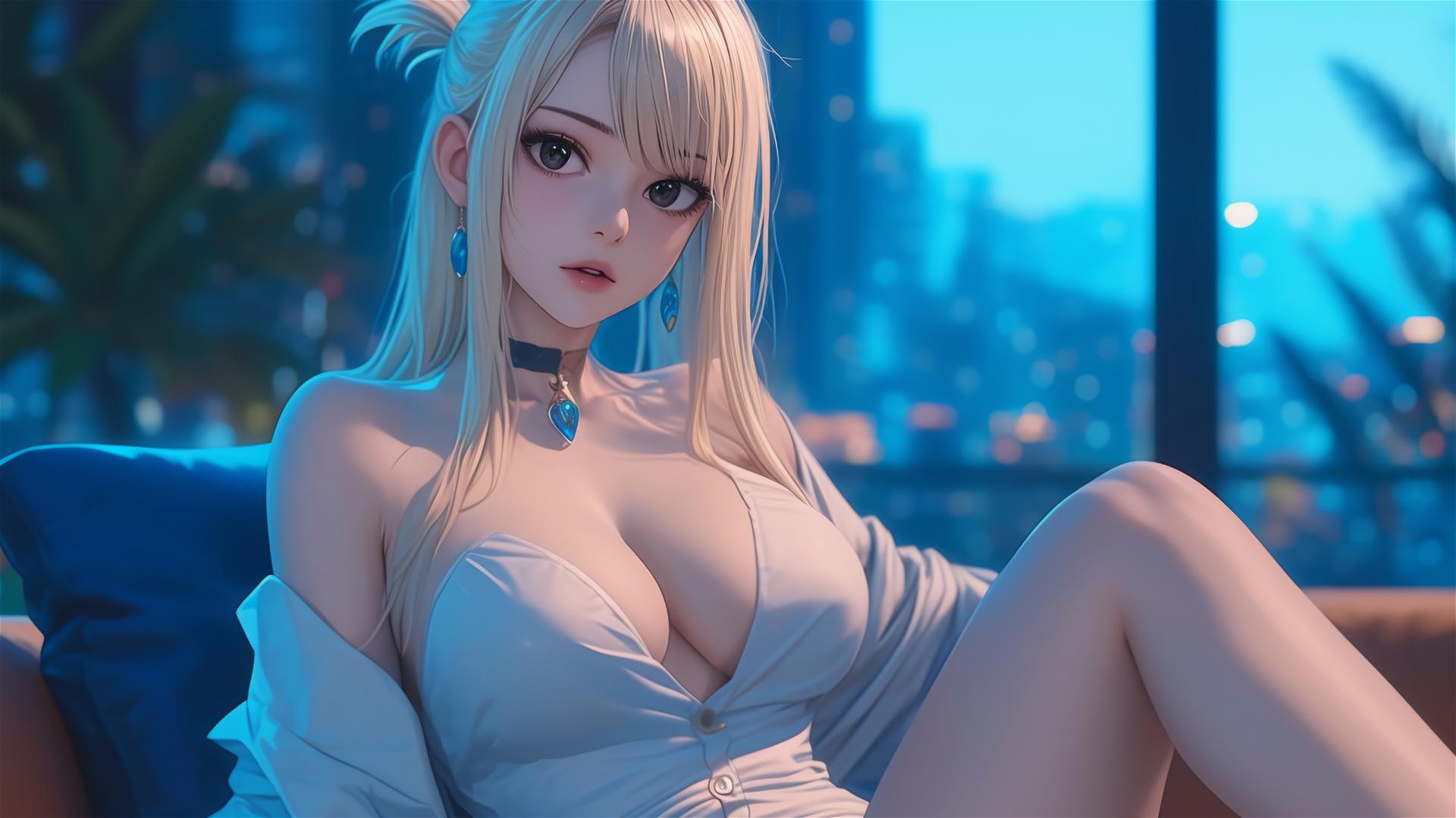 Lucy Heartfilia resting in apartment under moonlight