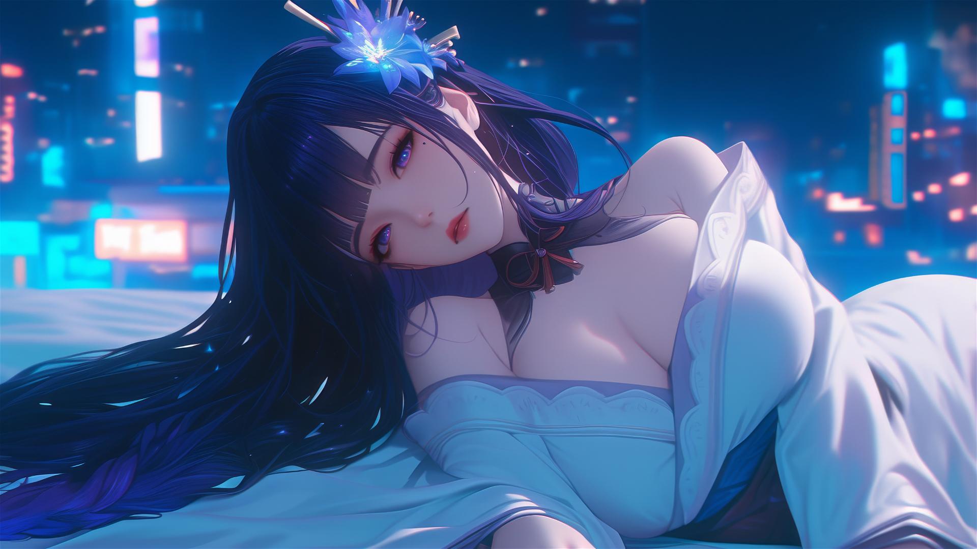 Raiden Shogun from Genshin Impact resting at a modern hotel under moonlight.