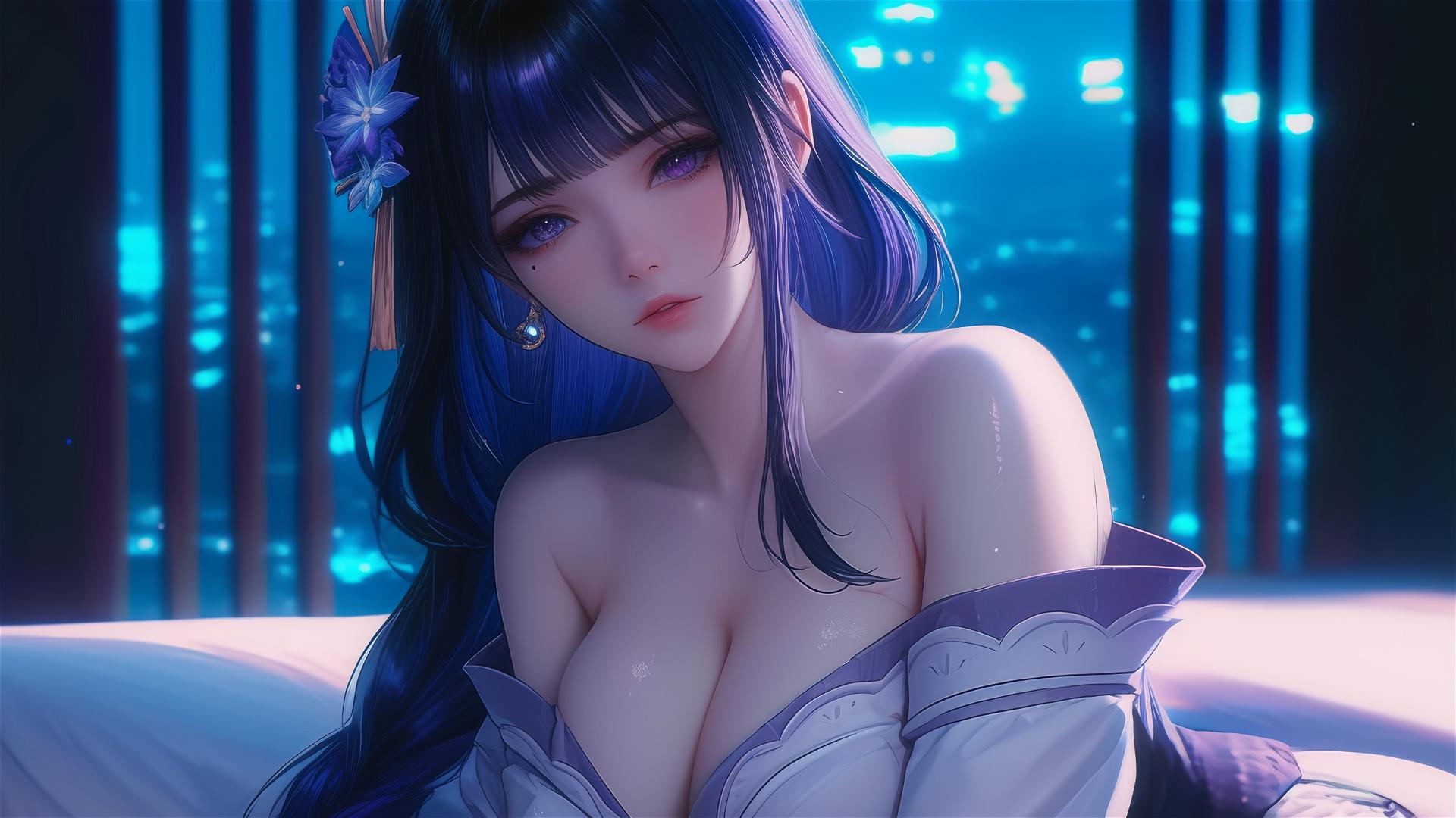 Raiden Shogun resting in a modern hotel with moonlight, purple hair, and a flower in her hair.