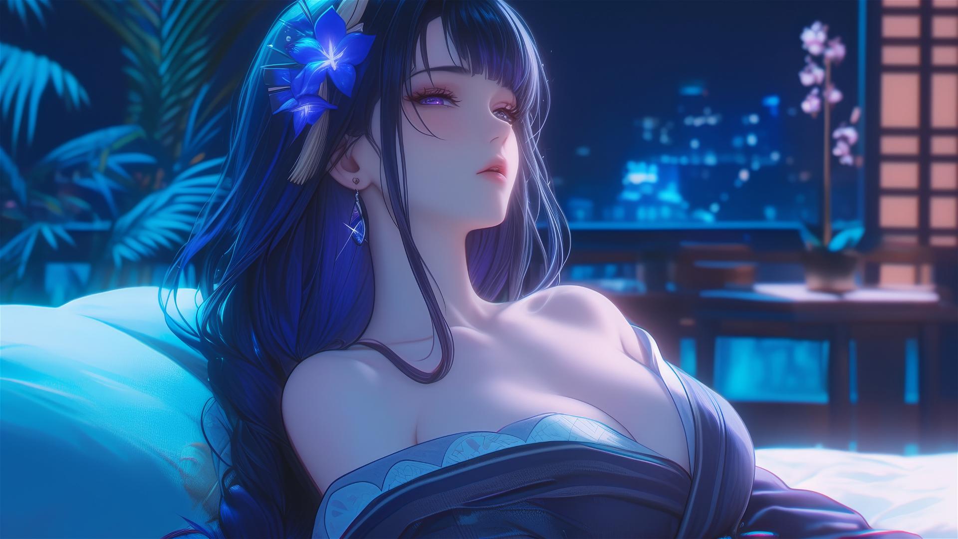 Raiden Shogun from Genshin Impact resting at a modern hotel under moonlight