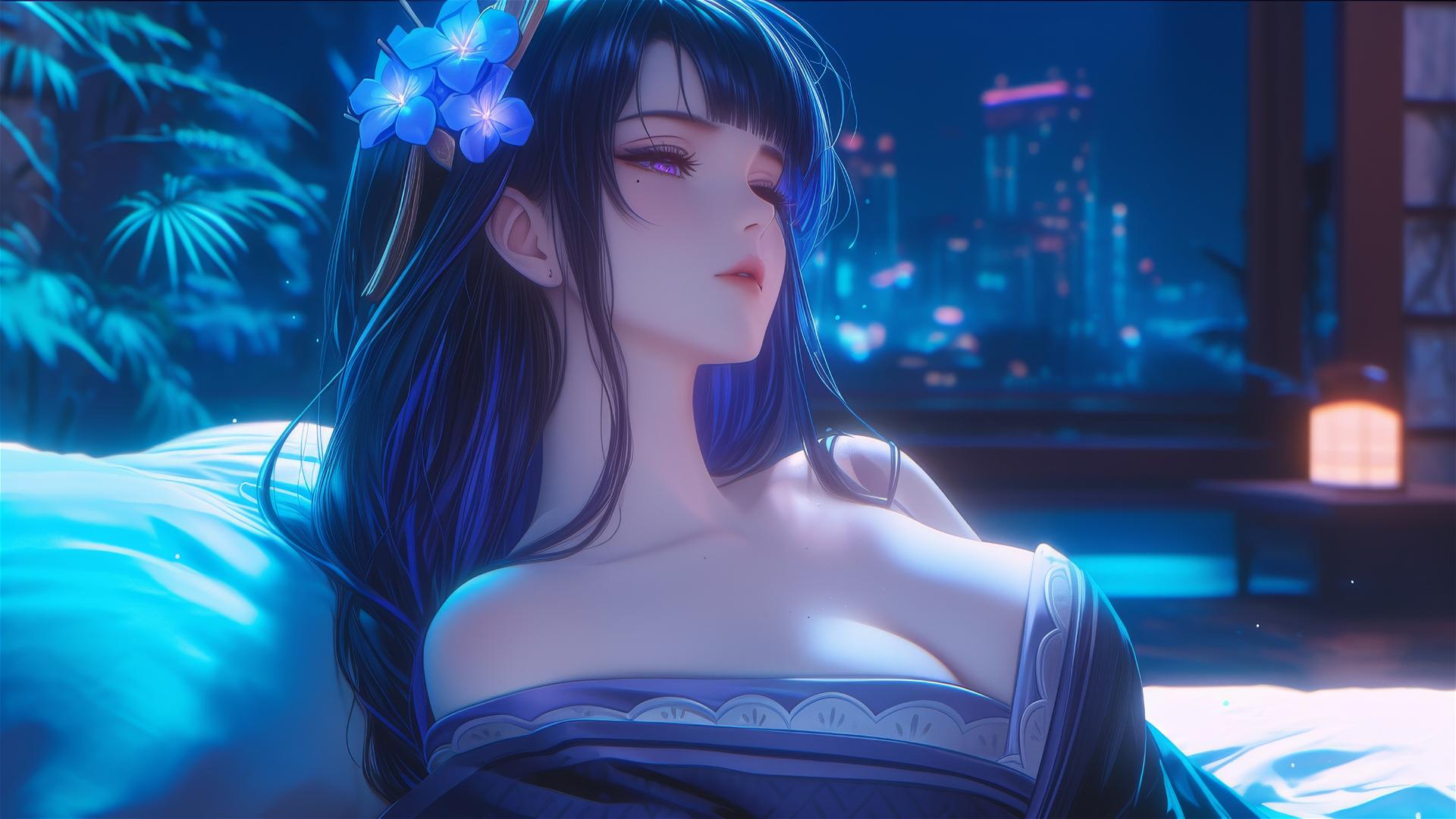 Raiden Shogun from Genshin Impact resting at a modern hotel in moonlight