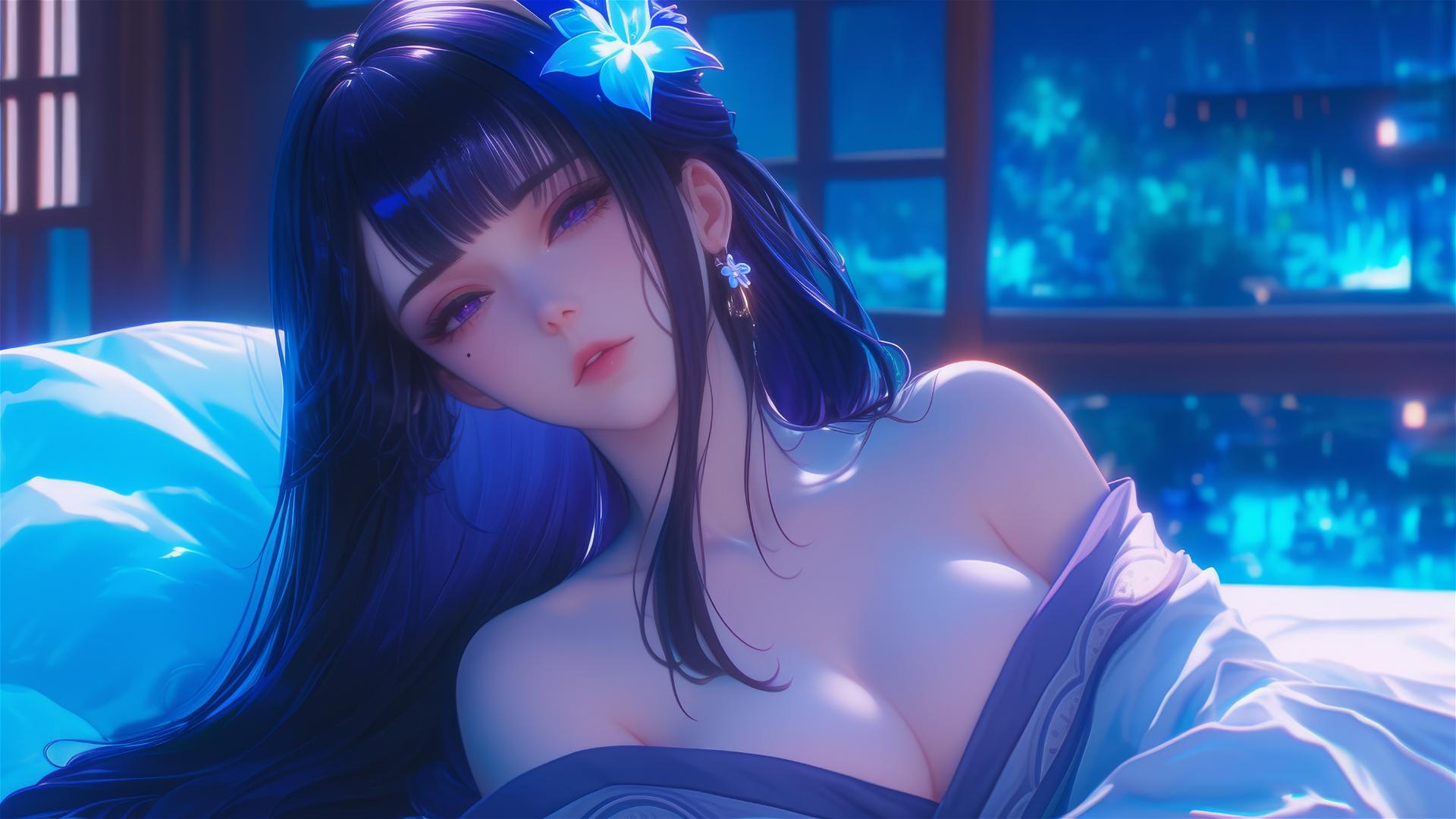 Raiden Shogun resting in a modern hotel, moonlight glow, purple hair and eyes