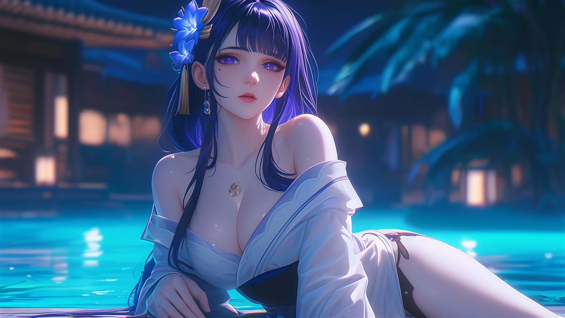 Raiden Shogun of Genshin Impact resting in modern hotel under moonlight