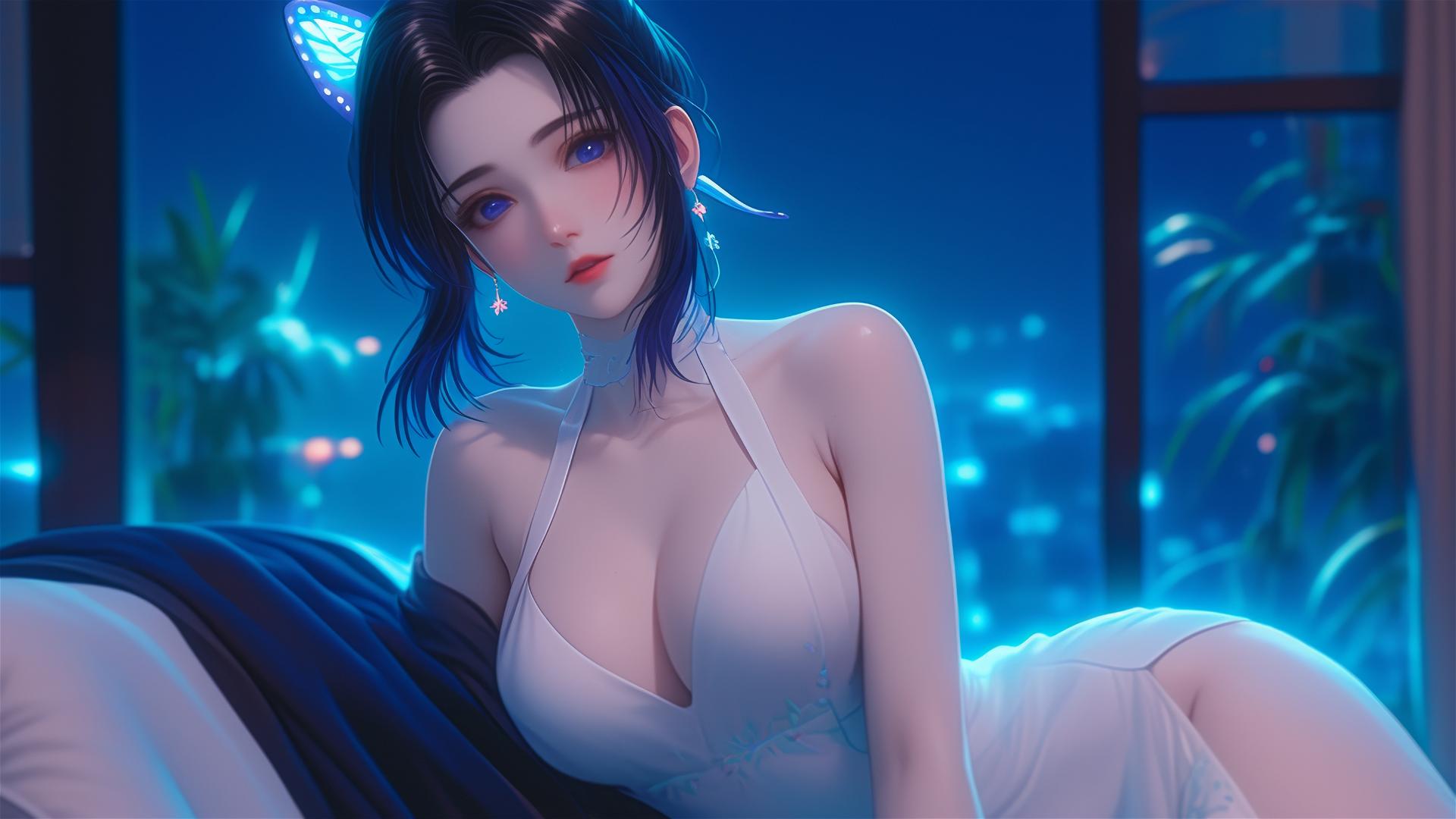 Shinobu Kocho from Demon Slayer resting in a modern hotel room with neon lights and moonlight.
