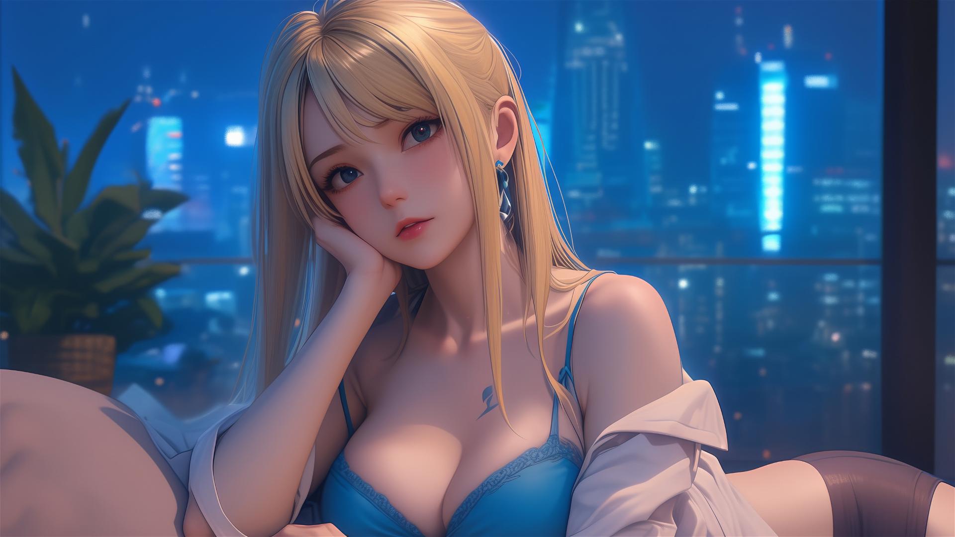 Lucy Heartfilia resting in a modern apartment with moonlight