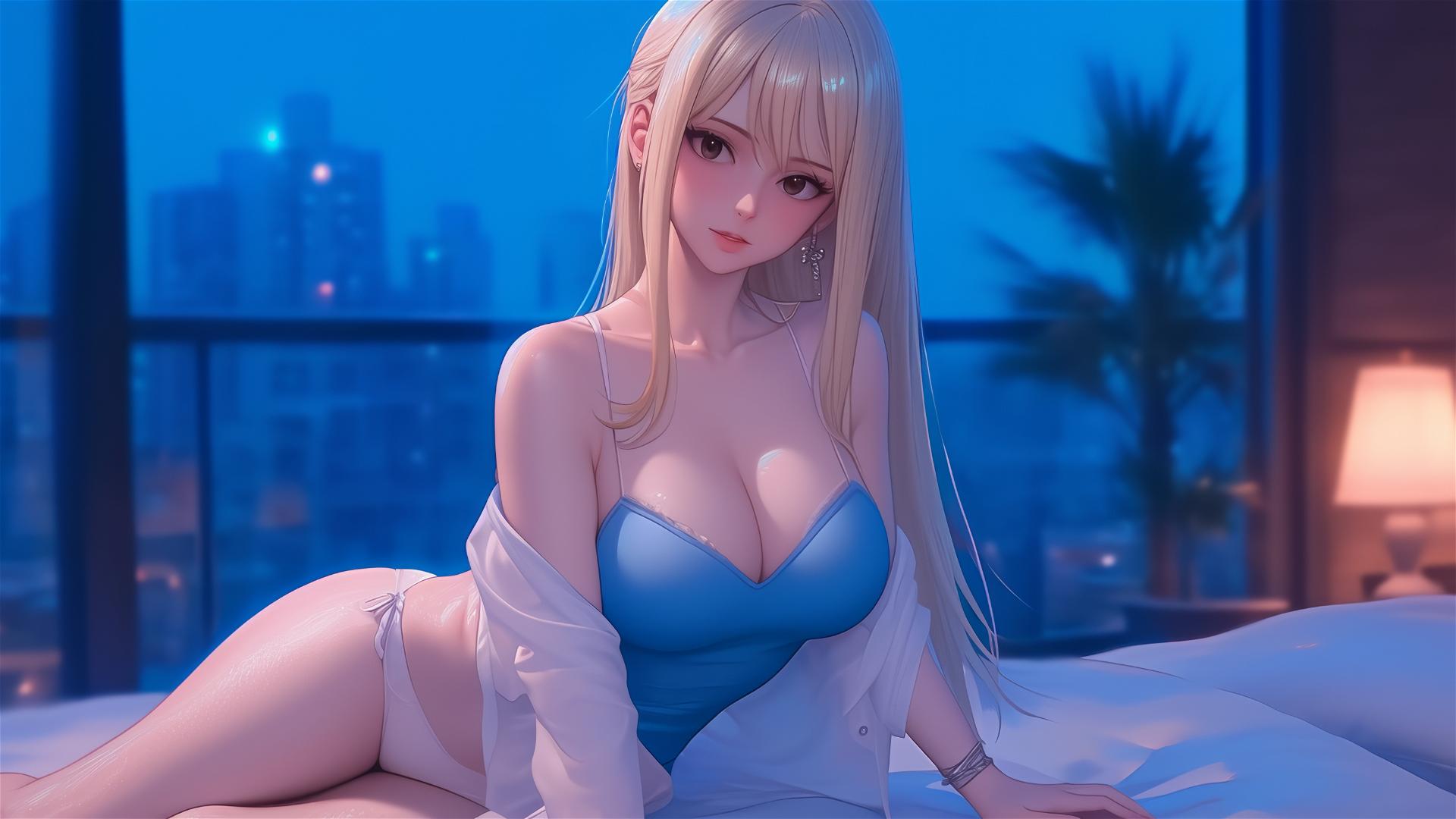 Lucy Heartfilia from Fairy Tail, resting in a modern apartment with moonlight glow