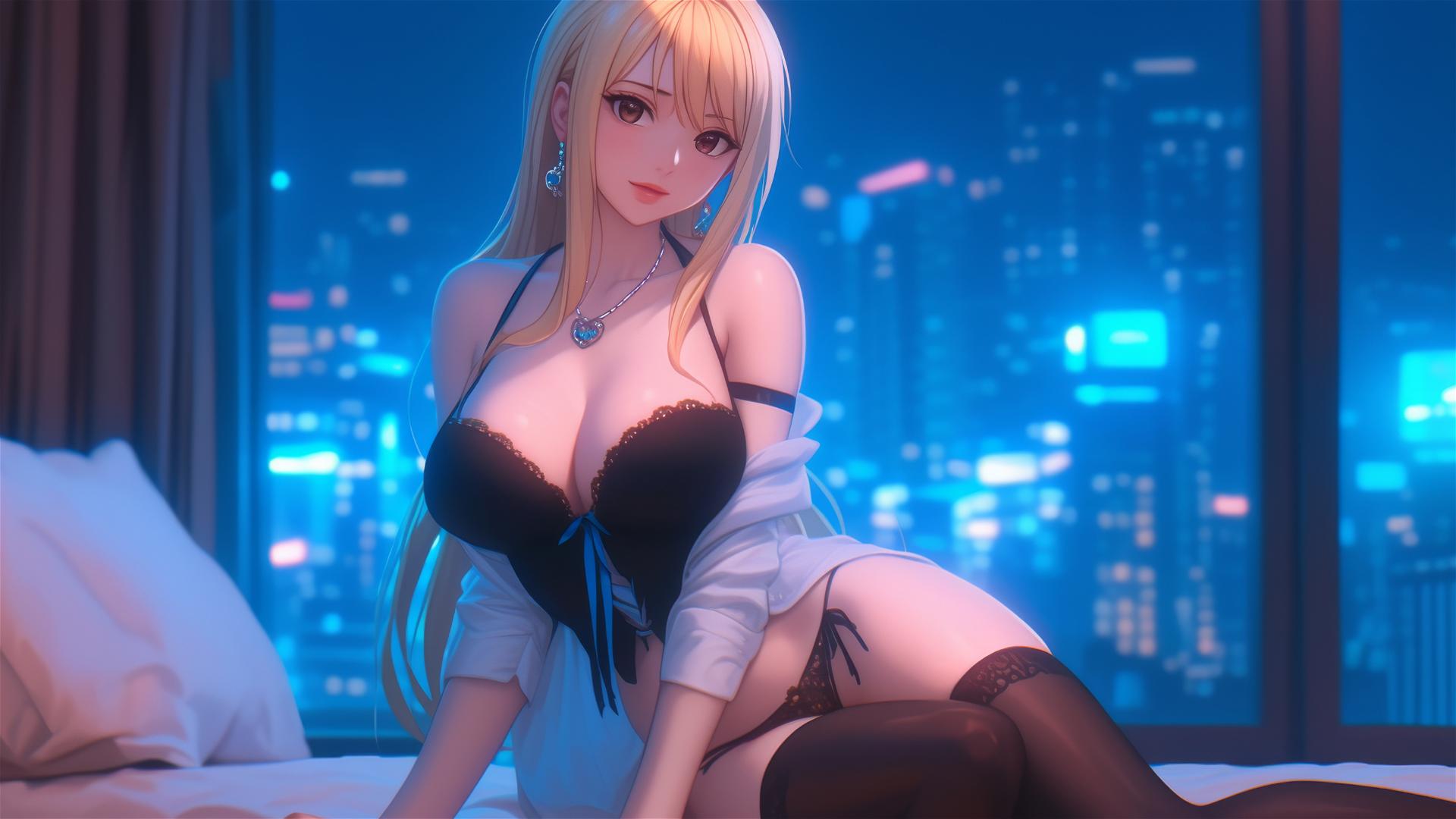 Lucy Heartfilia resting in a modern hotel room with moonlight glow.