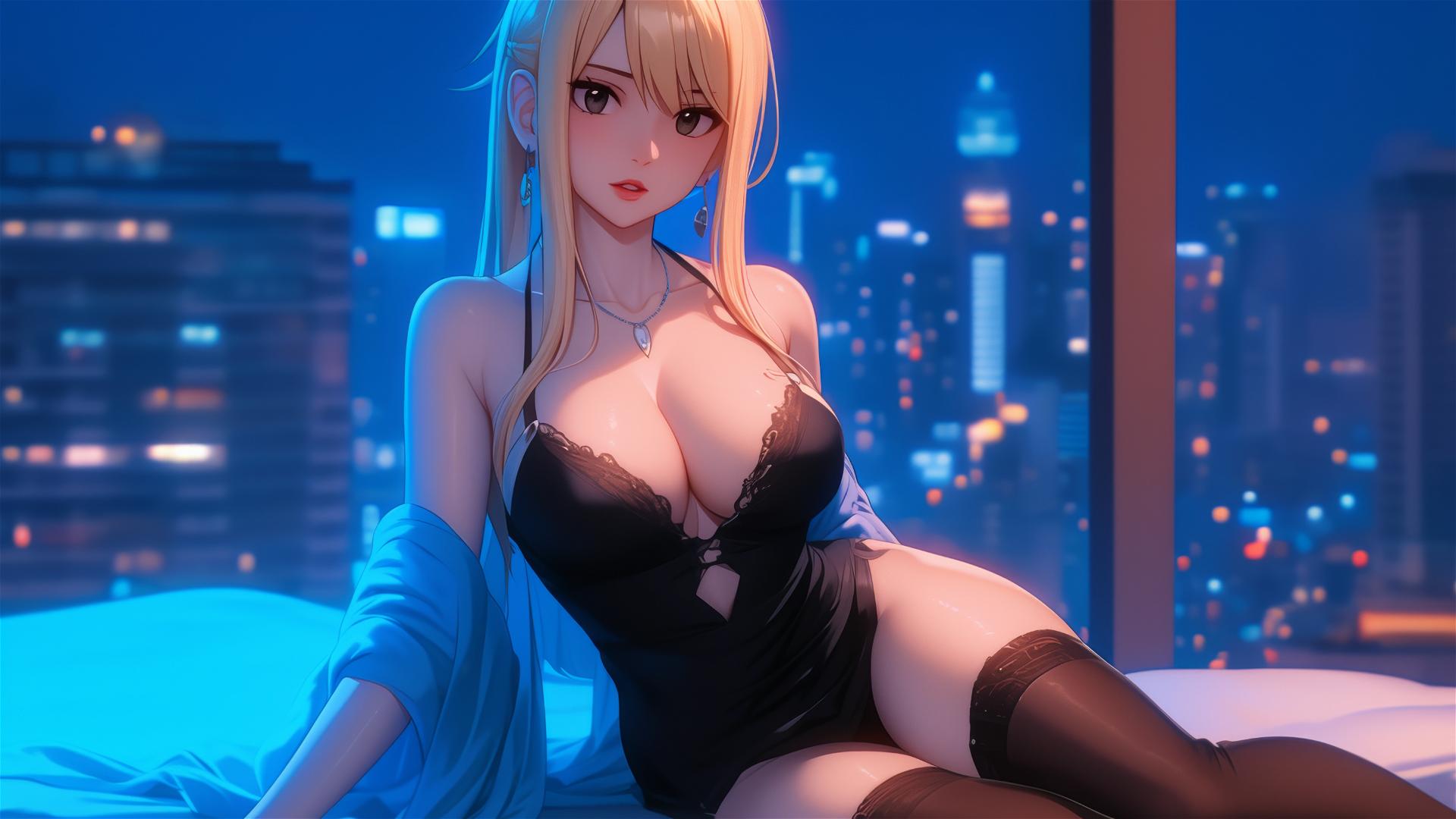 Lucy Heartfilia resting in a modern hotel room with moonlight glow