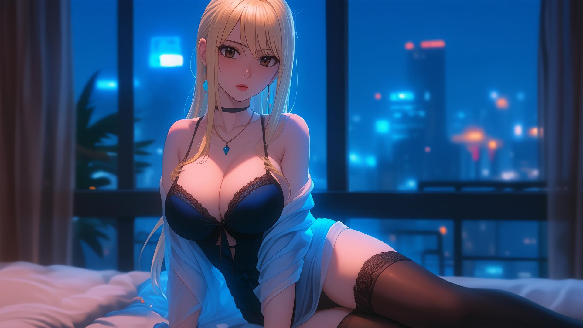 Lucy Heartfilia relaxing in a modern hotel room with moonlight glow
