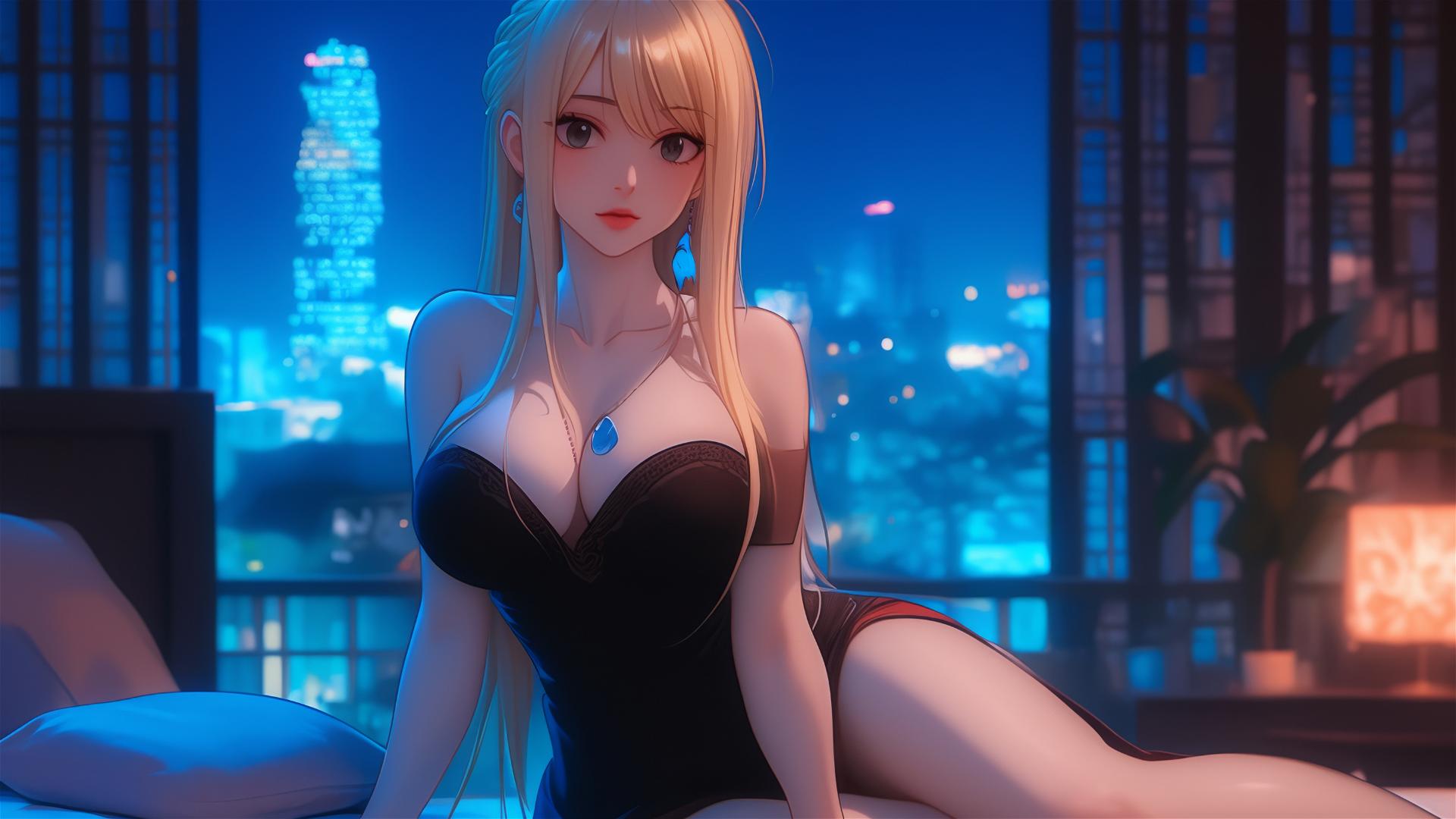 Lucy Heartfilia resting in a modern hotel room with moonlight glow.