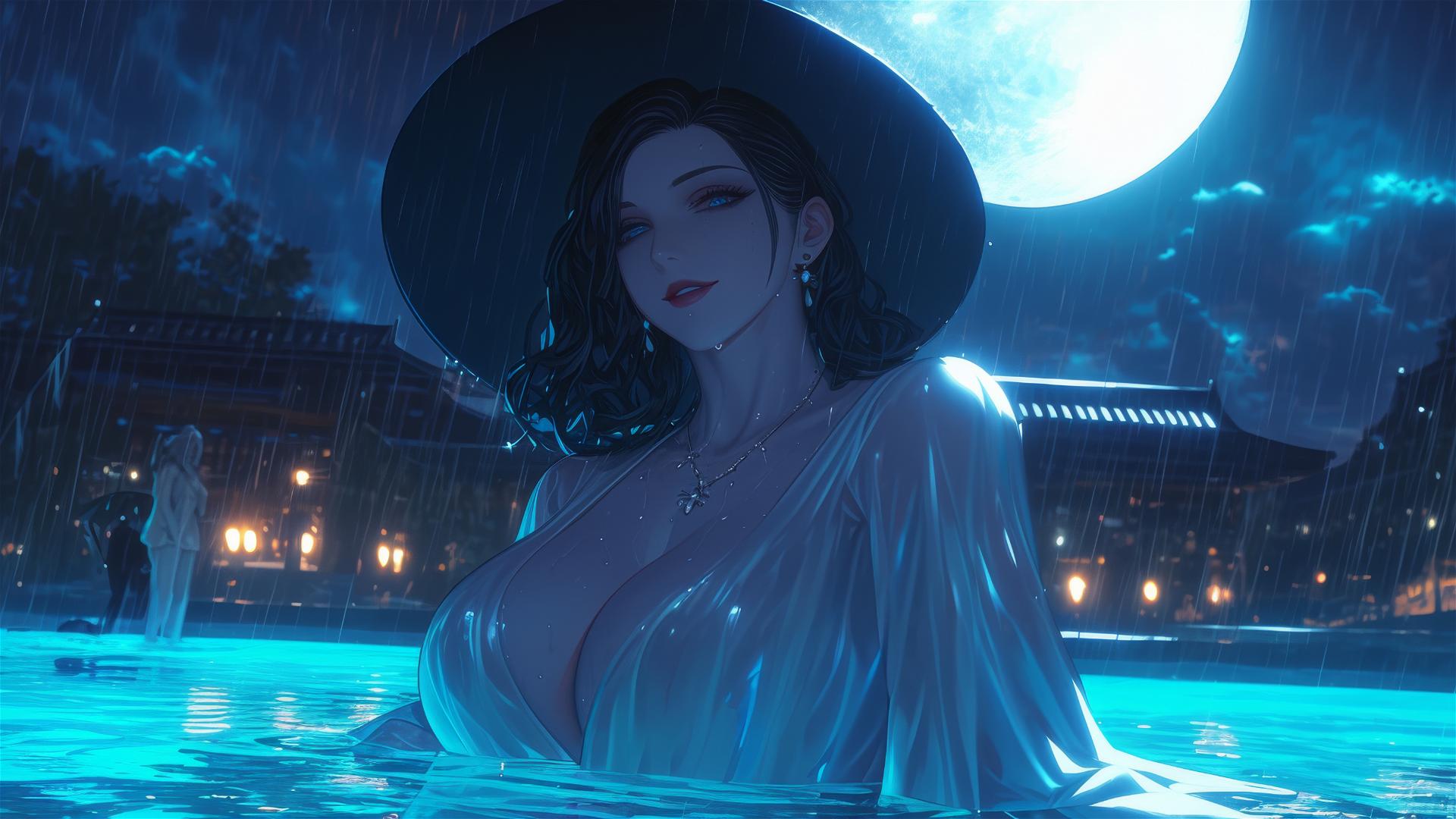Lady Dimitrescu resting by a rainy swimming pool under moonlight