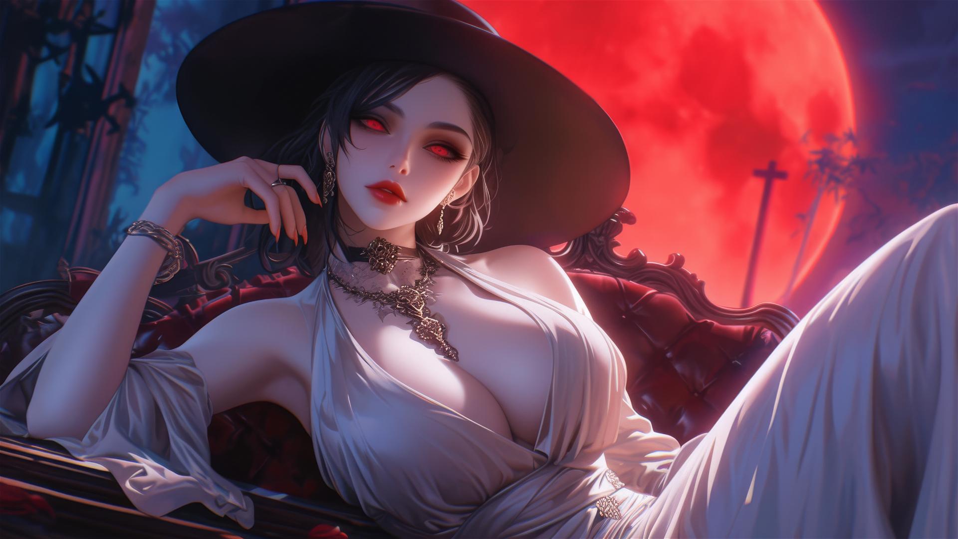 Lady Dimitrescu resting under red moonlight, gothic elegant