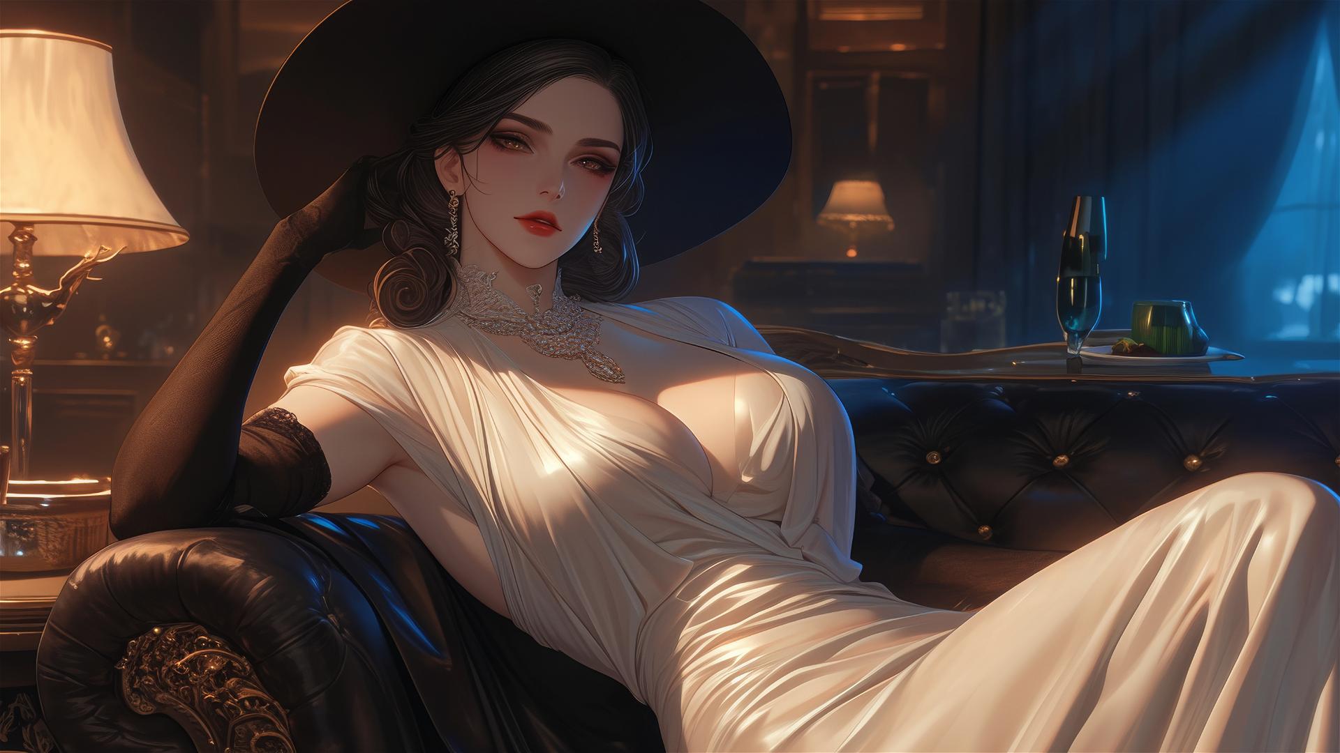 Lady Dimitrescu resting in a modern hotel room with moonlight glow