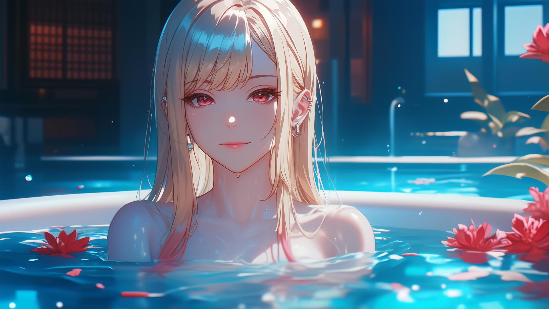 Marin Kitagawa in a floral bath in a Chinese spa