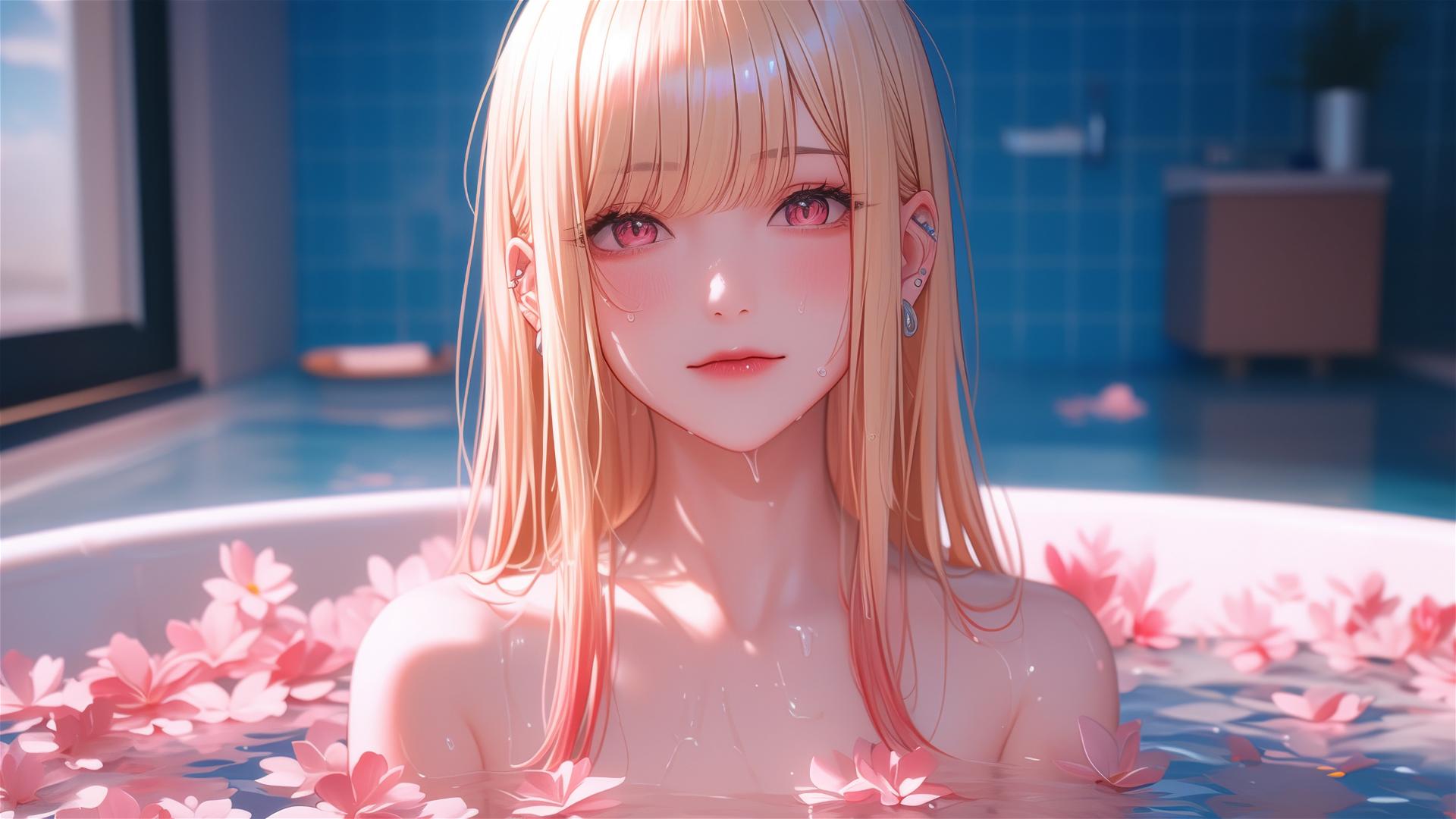 Marin Kitagawa in a tub full of flowers at a Chinese spa, with silky blonde hair tipped with pinkish-red or citrus orange, and pinkish eyes.