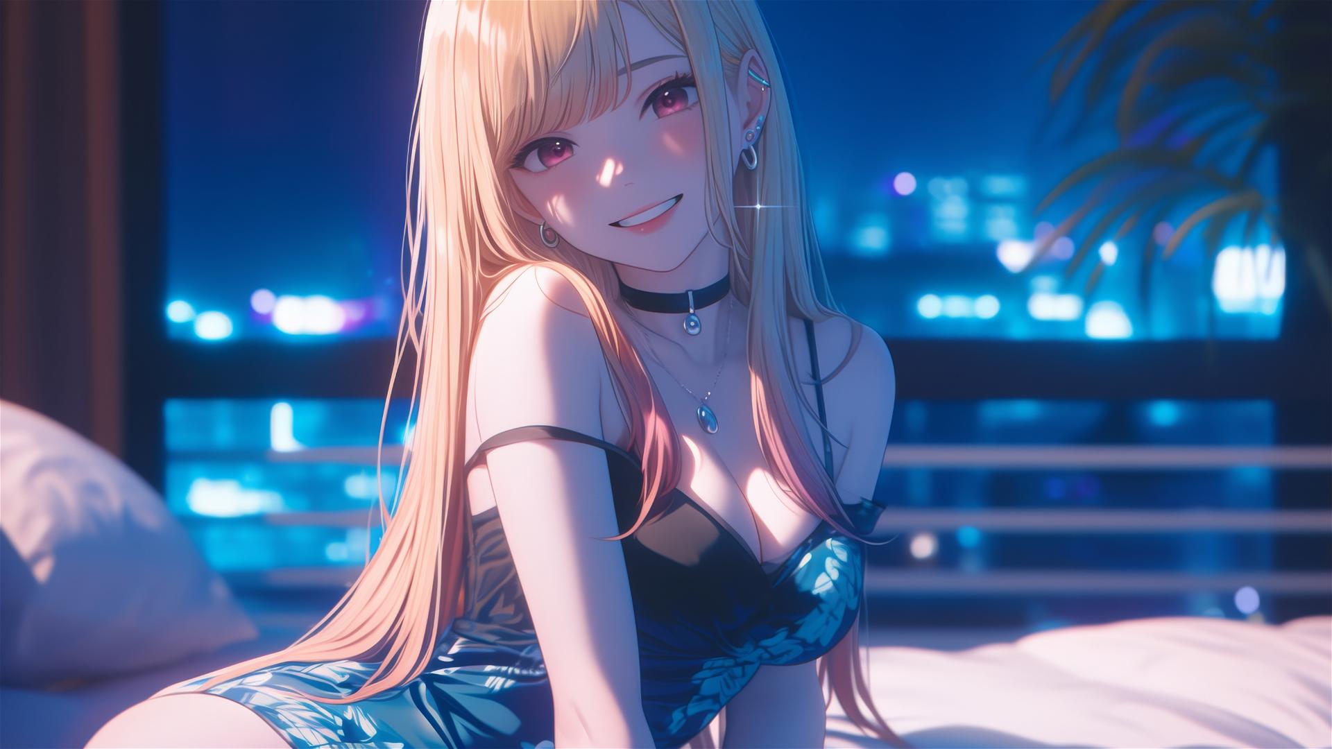 Marin Kitagawa from Kurikami City sitting on a hotel bed, moonlight glow