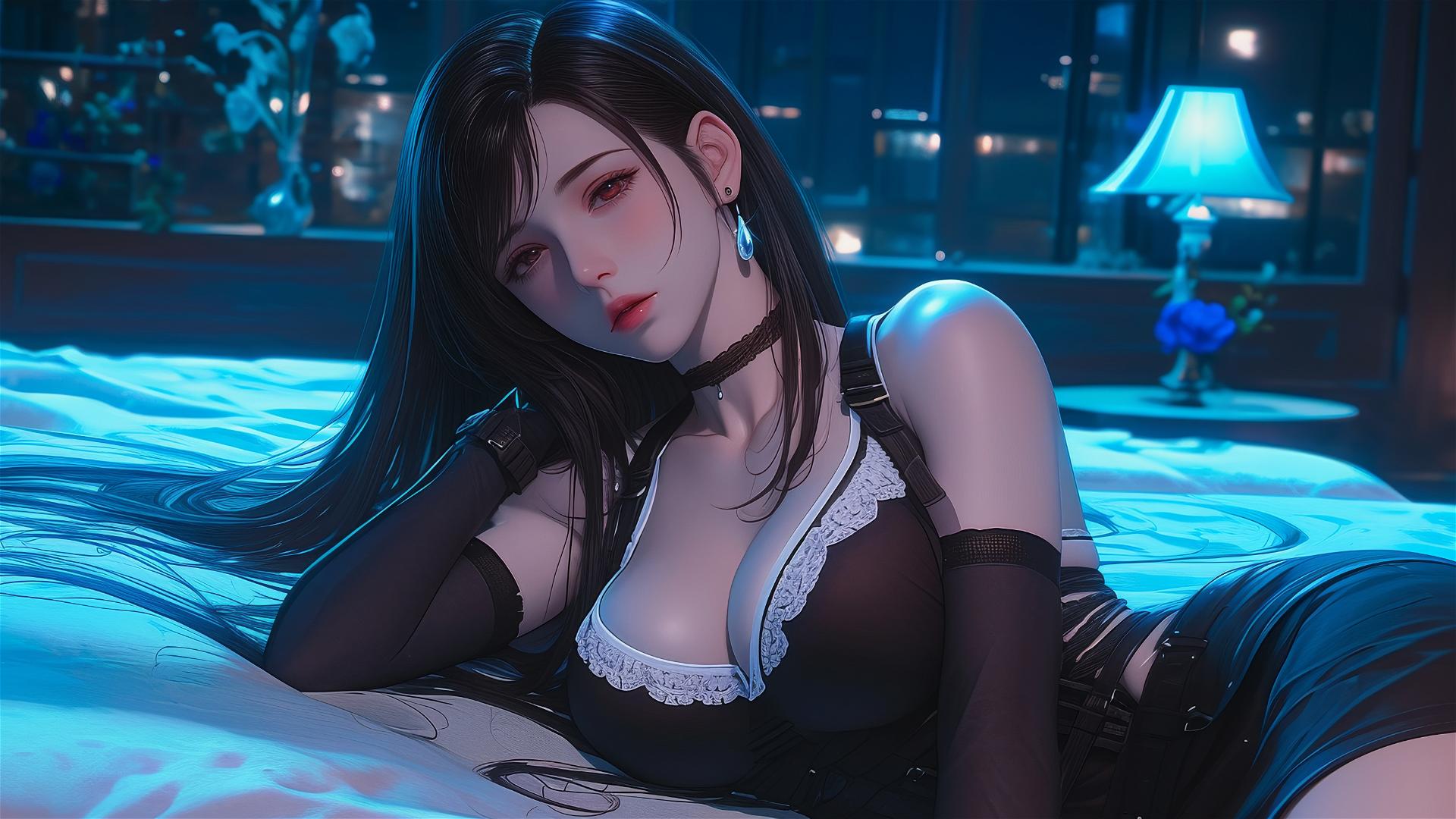 Tifa Lockhart in bold dress resting in moonlit room