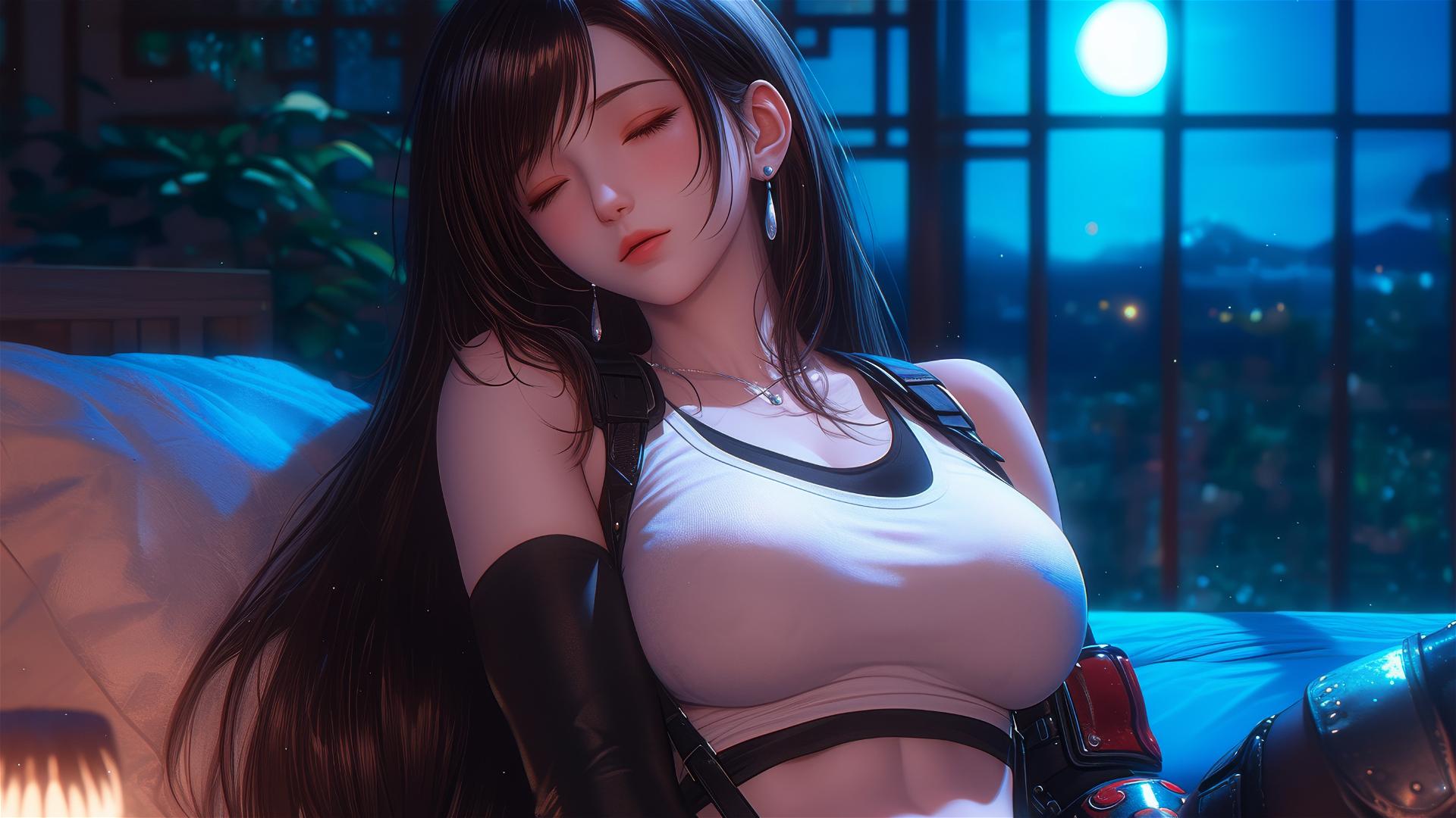 Tifa Lockhart resting in her room under moonlight