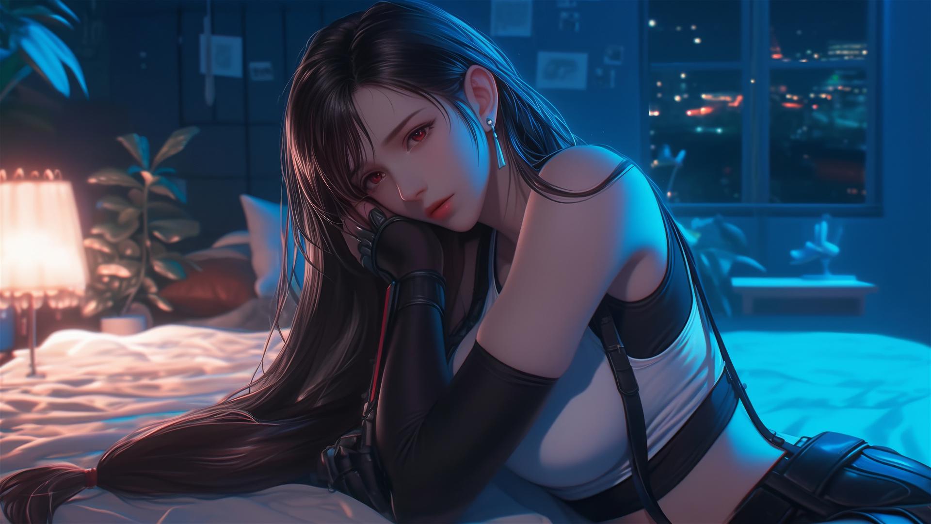 Tifa Lockhart resting in her room bathed in moonlight