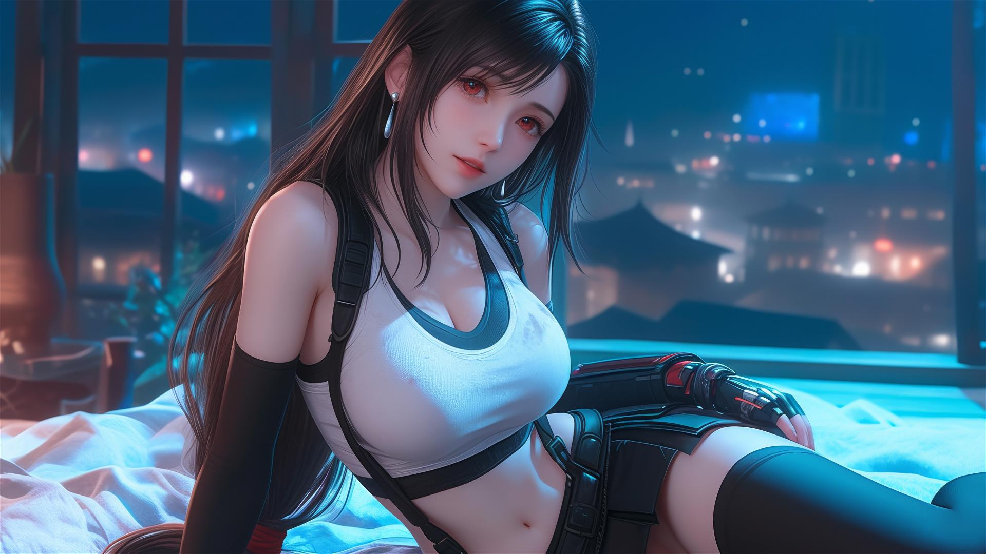 Tifa Lockhart resting in her room under moonlight